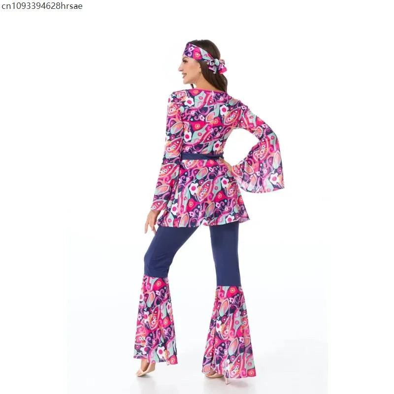 Halloween Costume 70s 80s Retro Hippie Go Go Girl Disco Women Men Couple Purple Fancy Dress Party Peace Lover Hippie Performance