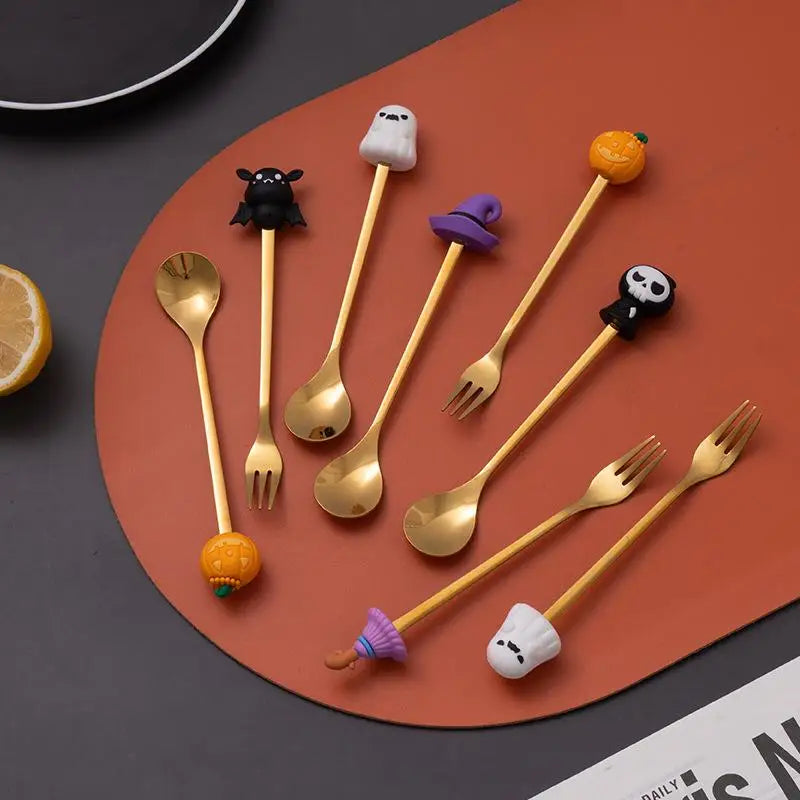 Halloween Tableware Stainless Steel Coffee Spoon Halloween Dessert Spoon Fruit Fork Theme Party Tableware Set