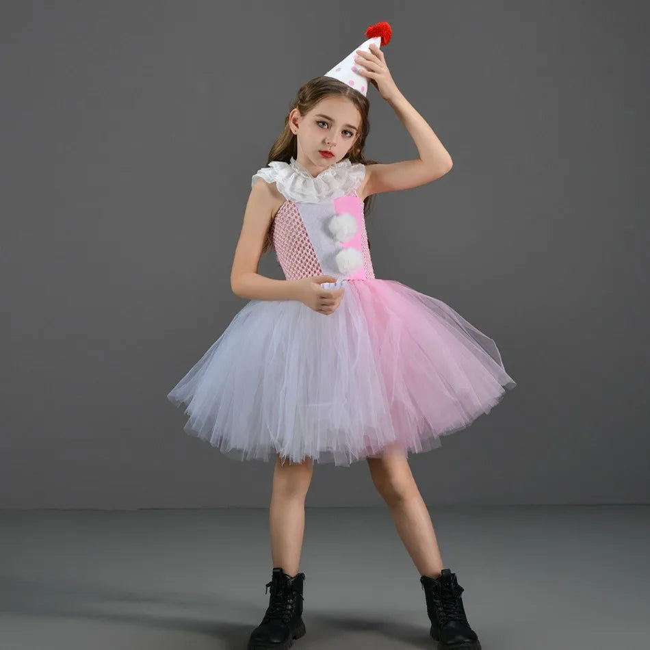 Halloween Costume For Kids Gray Girls Tutu Dress Kids Cosplay Scary Clown Costume Girl Carnival Masquerade Party Dress Up 2-12Y
