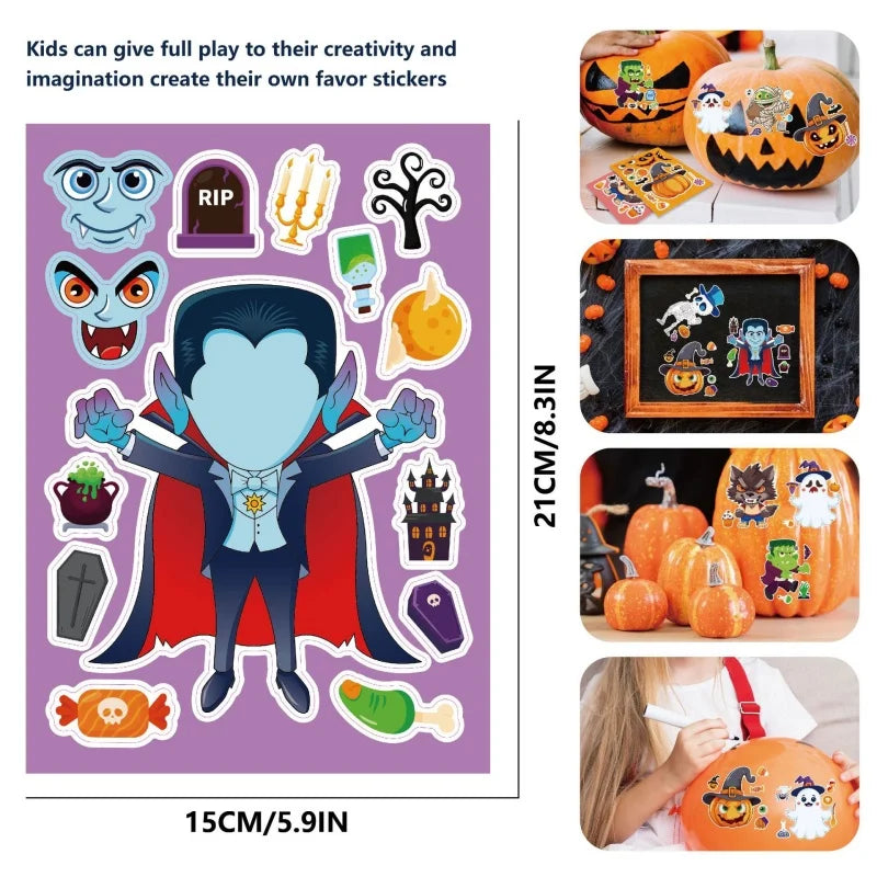 Halloween Party Games Stickers for Kids Make A Pumpkin/Skeleton/Ghost/Witch/Zombie/Mummy Face Stickers Children Party Gifts Toys