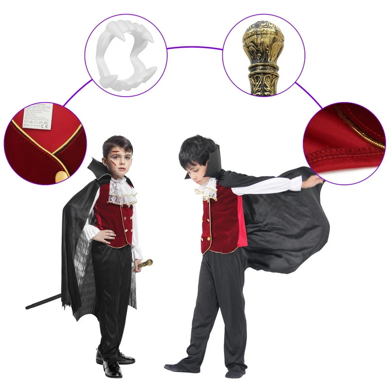 Boys Halloween Vampire Cosplay Costume Kids Carnival Party Dress up Outfit Role Play Costumes with False Teeth Walking Cane