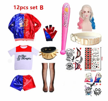 Halloween  Costume de carnaval Harleen Quinzel pour femmes et filles, T-shirts, veste supérieure avec perruque
