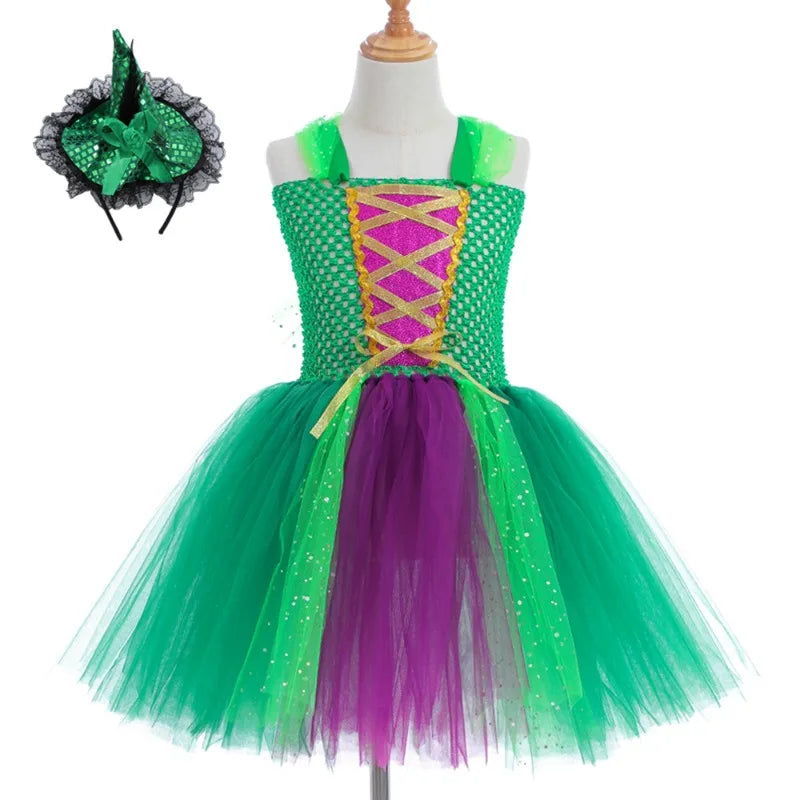 Halloween Children Costume Tulle Dress Girls Cosplay Vestidos Party Evil Queen Mesh Princess Dress Kids Crow Wand