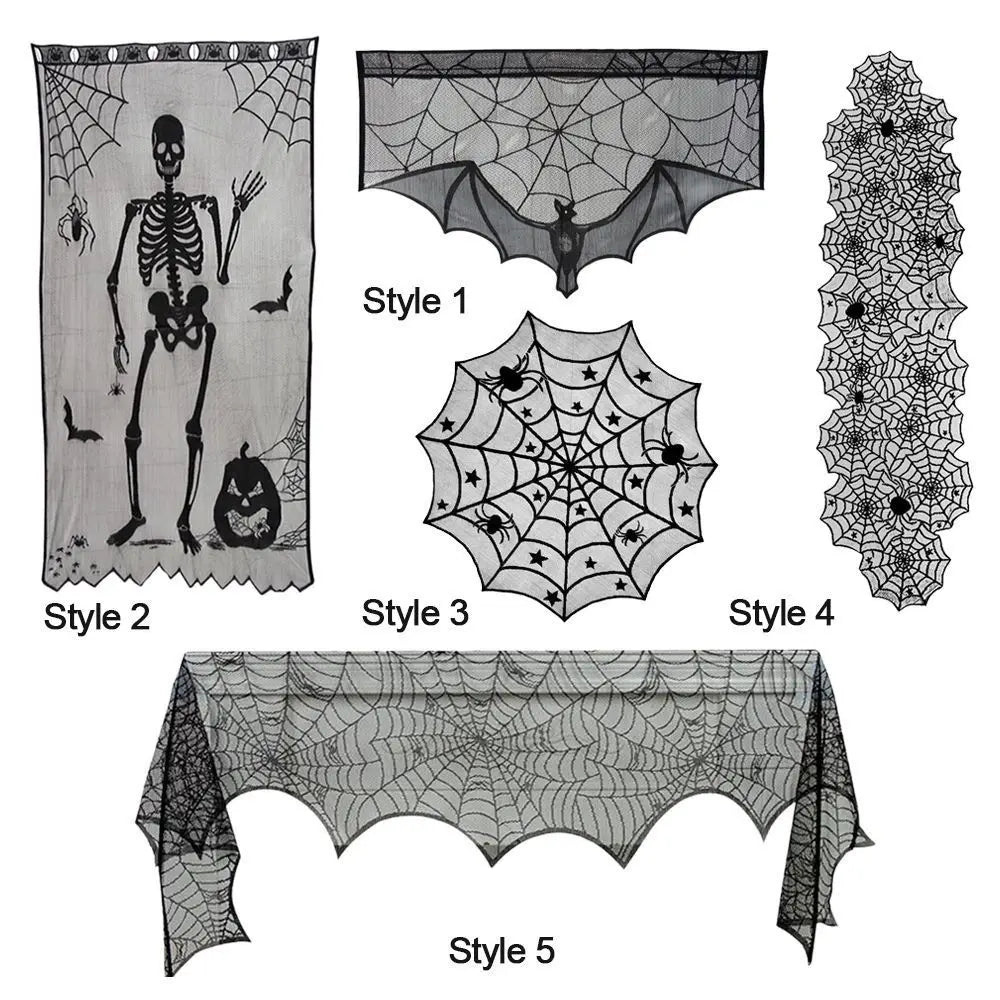 New Halloween Bat Table Runner Lace Web Skeleton Skull Tablecloth Black Fireplace Mantel Scarf Event Party Decoration Supplies