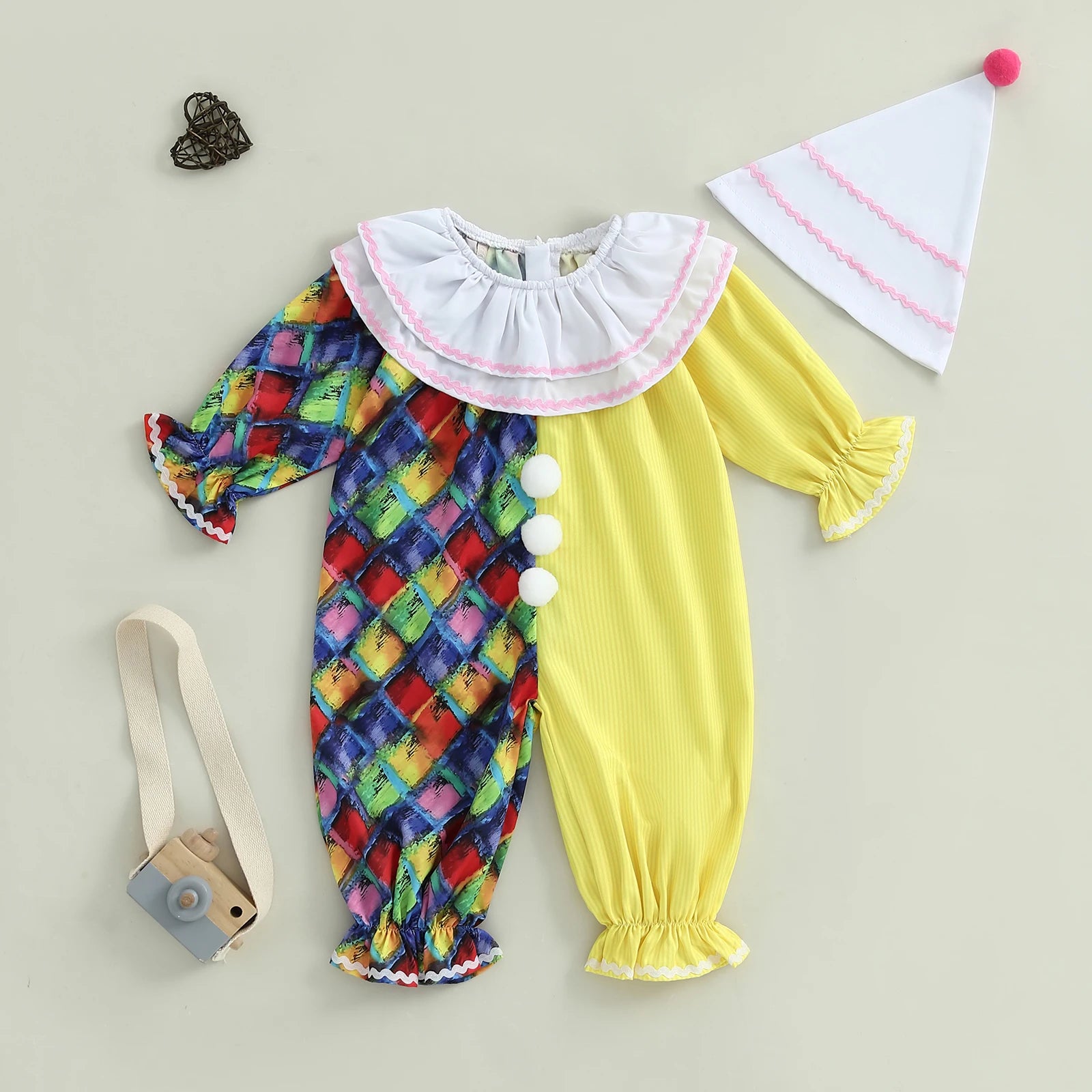 Toddler Baby Clown Halloween Costume Contrast Color Long Sleeve Jumpsuit and Hat 2 Pcs Set