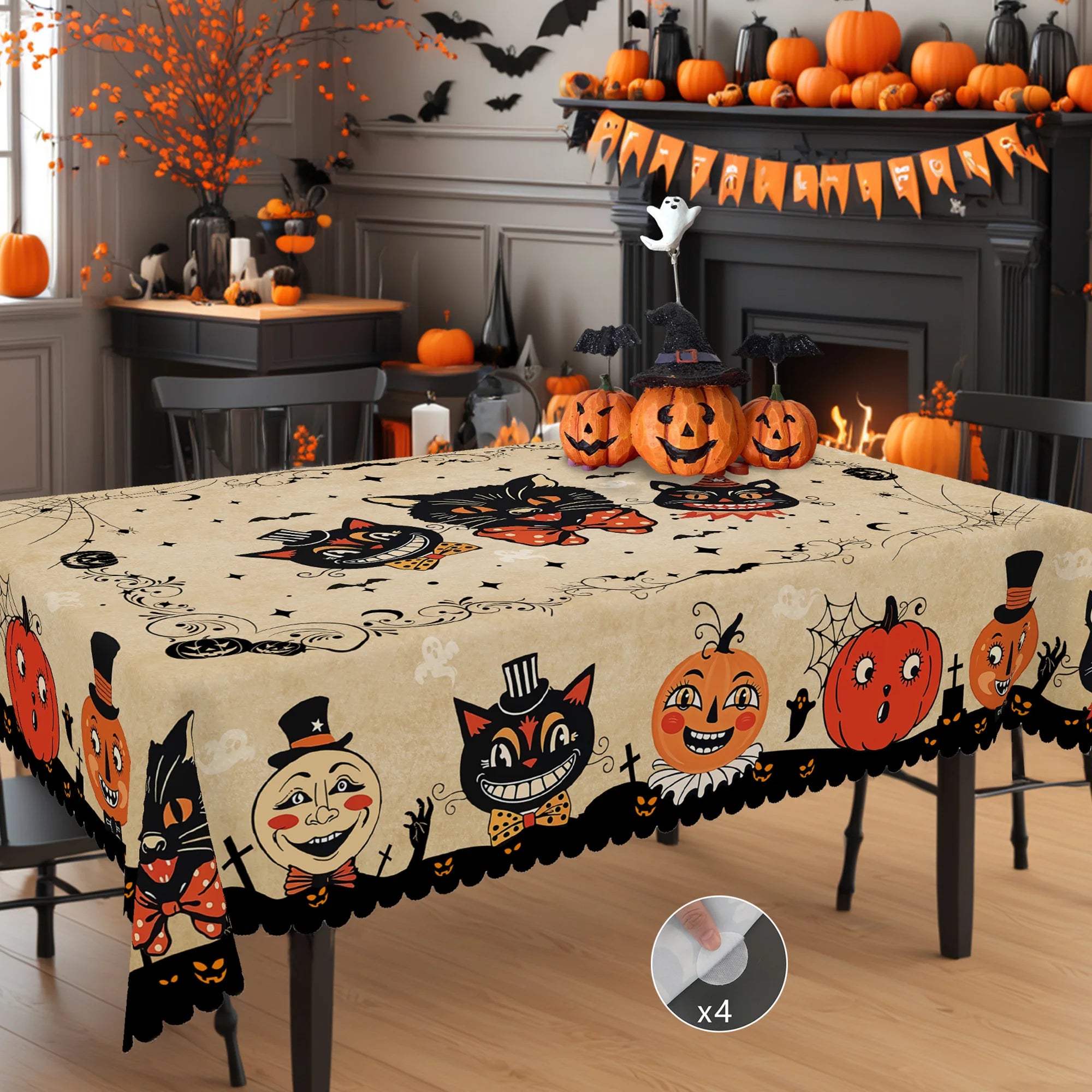 1 Halloween Themed Tablecloth, Retro Farmhouse Style, Funny Pumpkin, Black Cat Pattern Design, Suitable for Holiday Parties, Camping Picnic, Garden Birthday Parties, Kitchen Accessories, Restaurant Terrace, Tablecloths for In