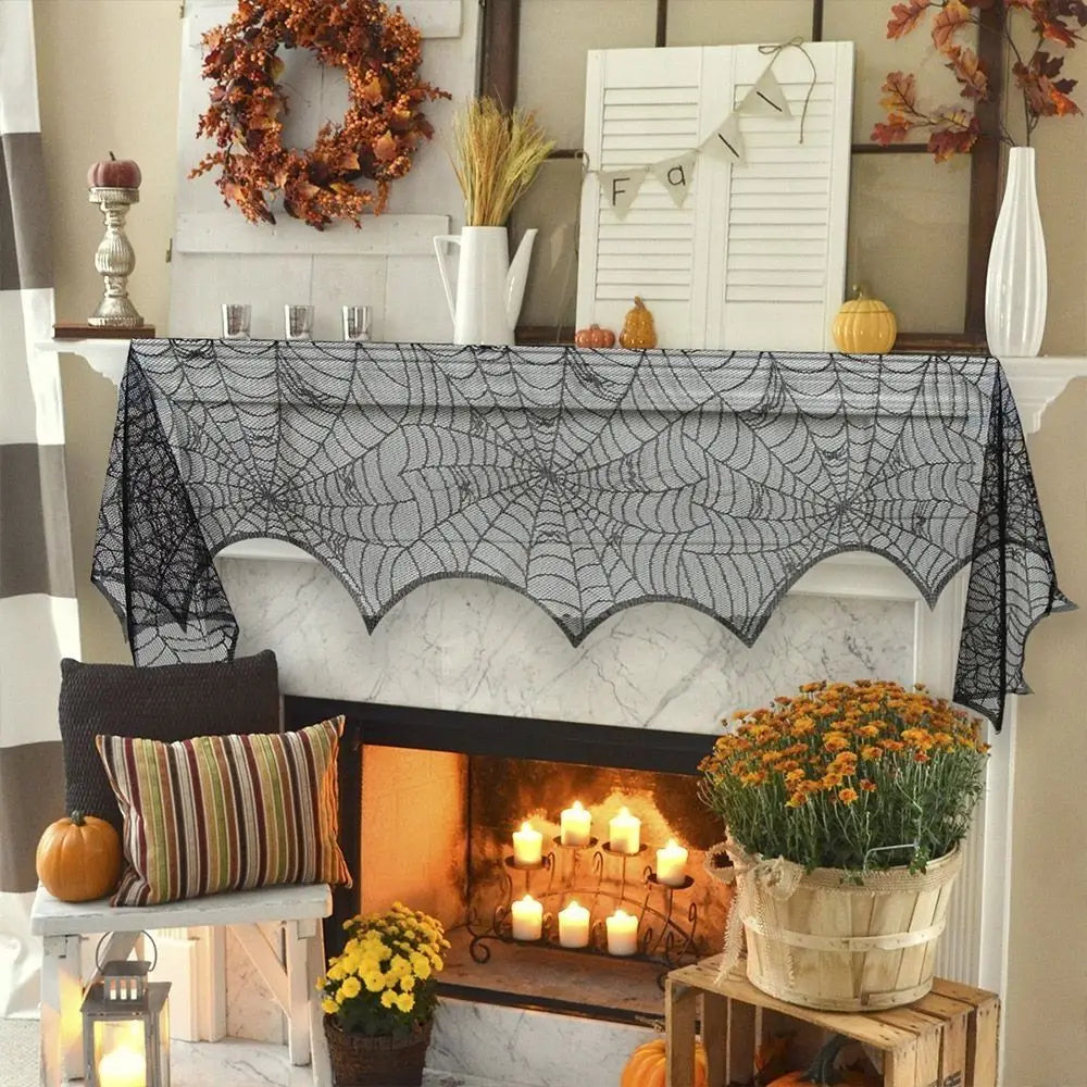 New Halloween Bat Table Runner Lace Web Skeleton Skull Tablecloth Black Fireplace Mantel Scarf Event Party Decoration Supplies