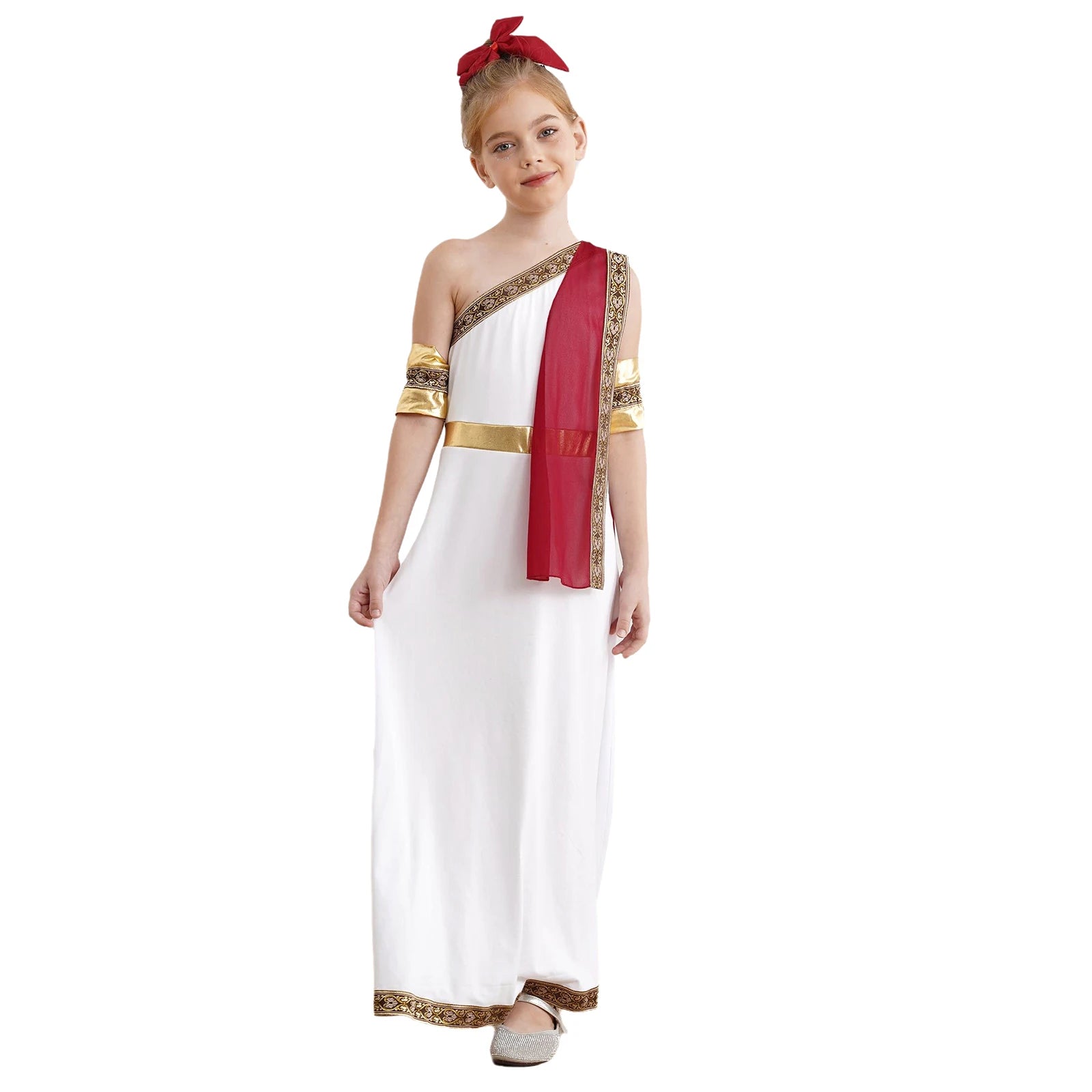 Kids Girls Halloween Ancient Greek Toga Classic Roman Carnival Cosplay Costume One Shoulder Embroider Robe with Removable Cuffs