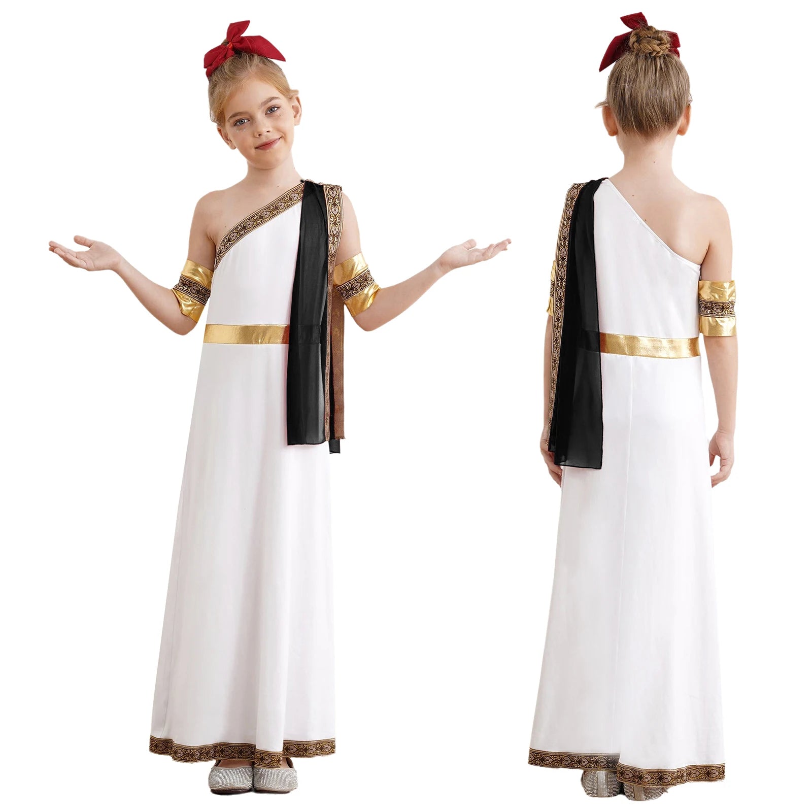 Kids Girls Halloween Ancient Greek Toga Classic Roman Carnival Cosplay Costume One Shoulder Embroider Robe with Removable Cuffs