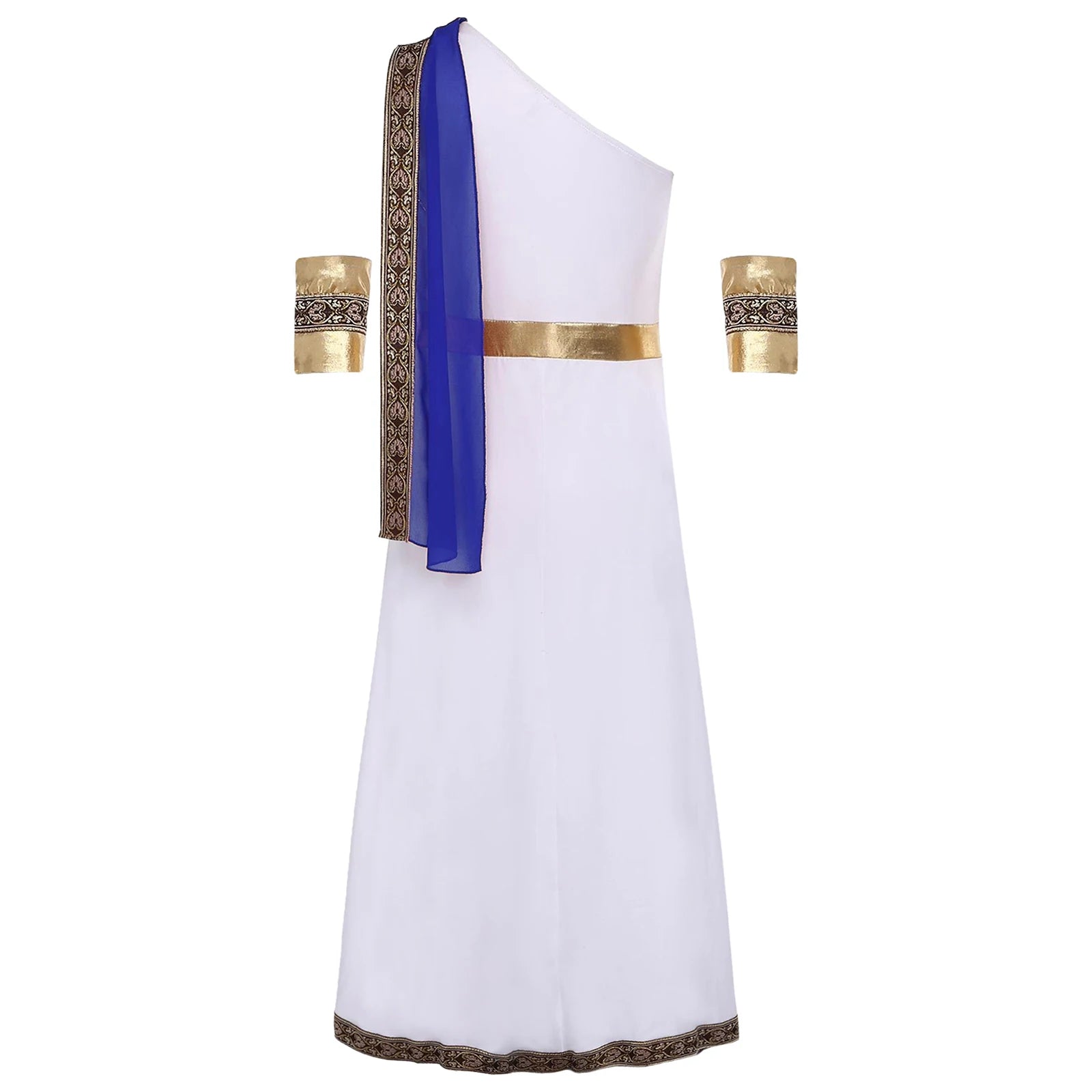 Kids Girls Halloween Ancient Greek Toga Classic Roman Carnival Cosplay Costume One Shoulder Embroider Robe with Removable Cuffs