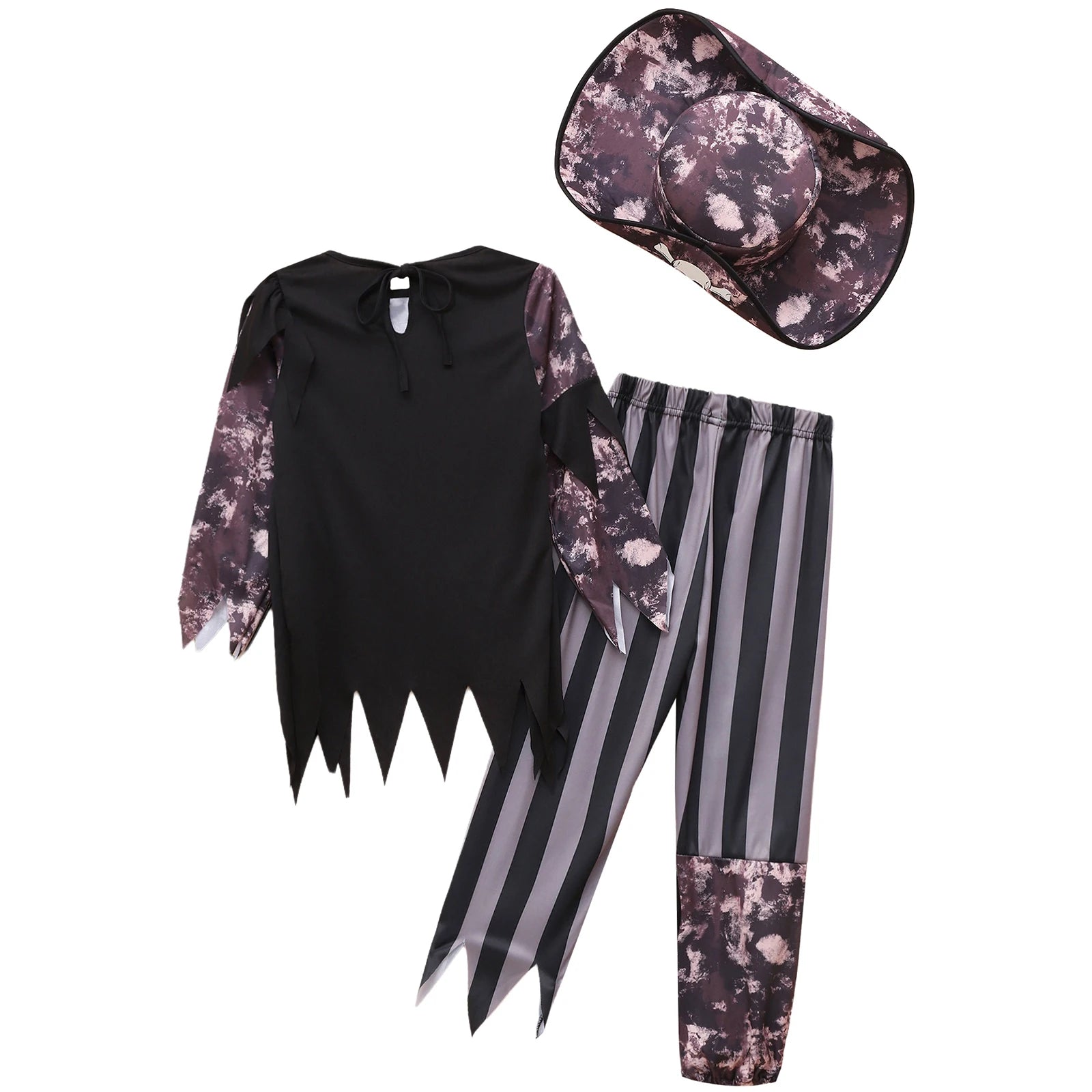 Boys Halloween Medieval Pirate Cosplay Costume Carnival Roleplay Suit Irregular Fringe Long Sleeve Top Striped Pants and Hat Set