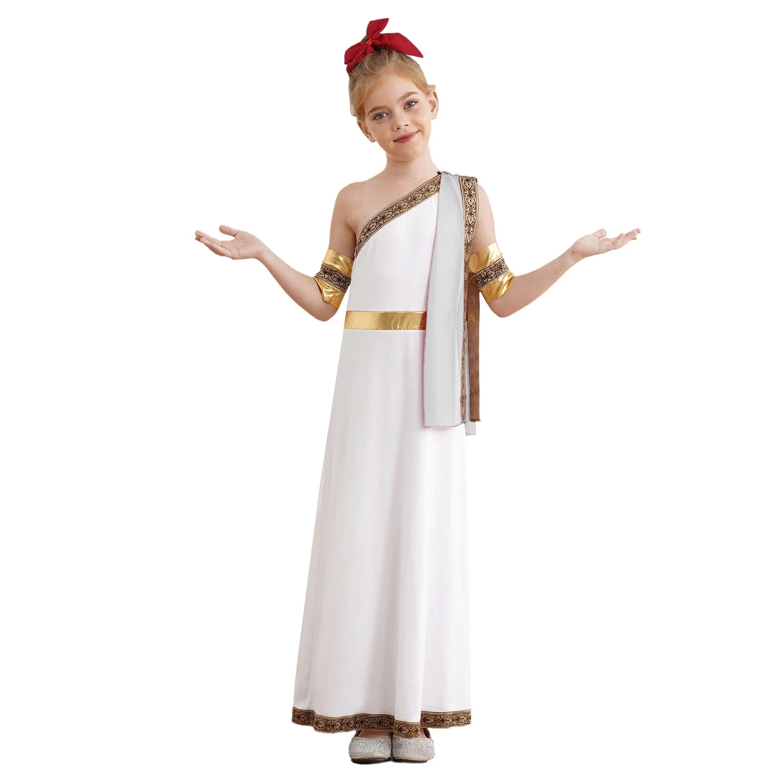 Kids Girls Halloween Ancient Greek Toga Classic Roman Carnival Cosplay Costume One Shoulder Embroider Robe with Removable Cuffs