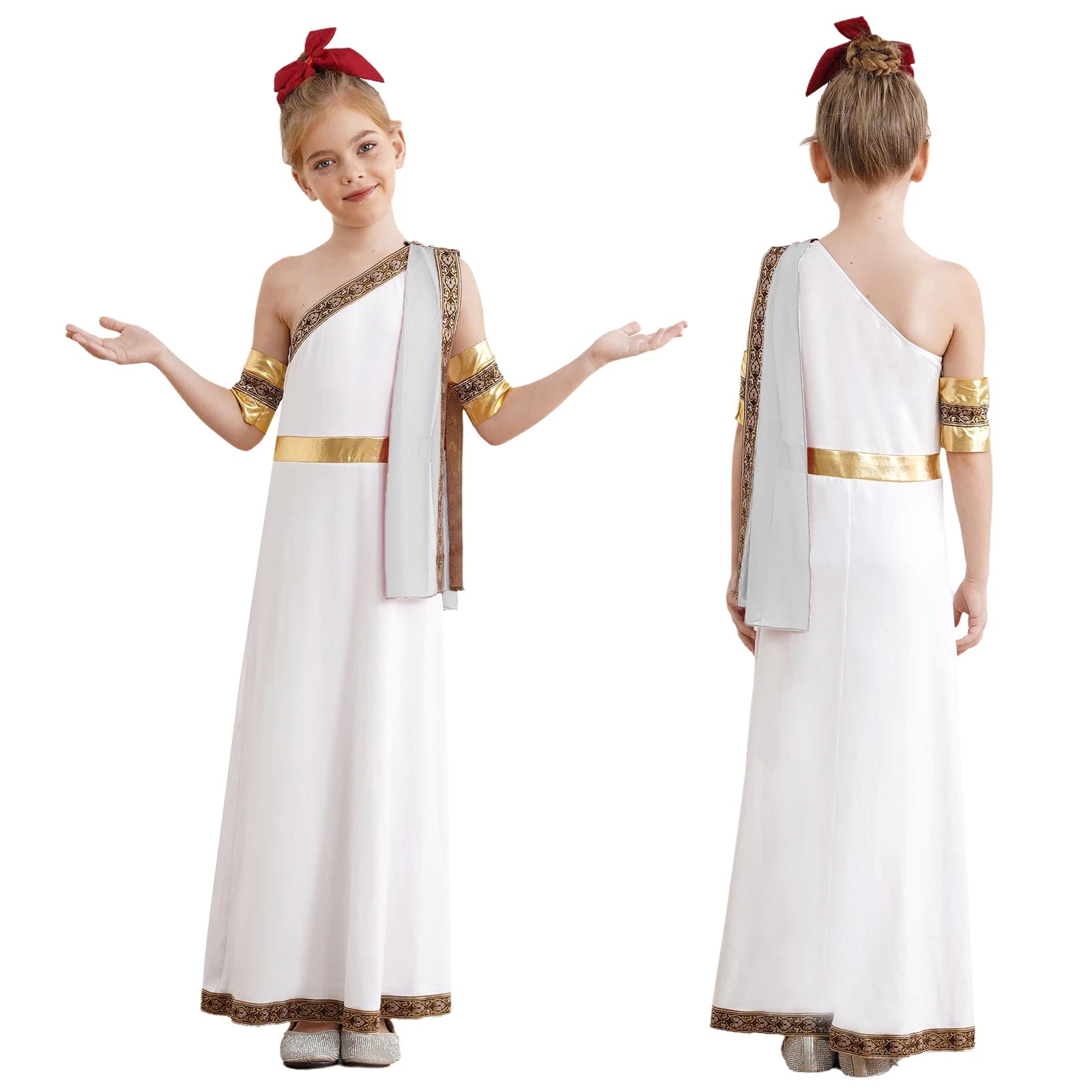 Kids Girls Halloween Ancient Greek Toga Classic Roman Carnival Cosplay Costume One Shoulder Embroider Robe with Removable Cuffs