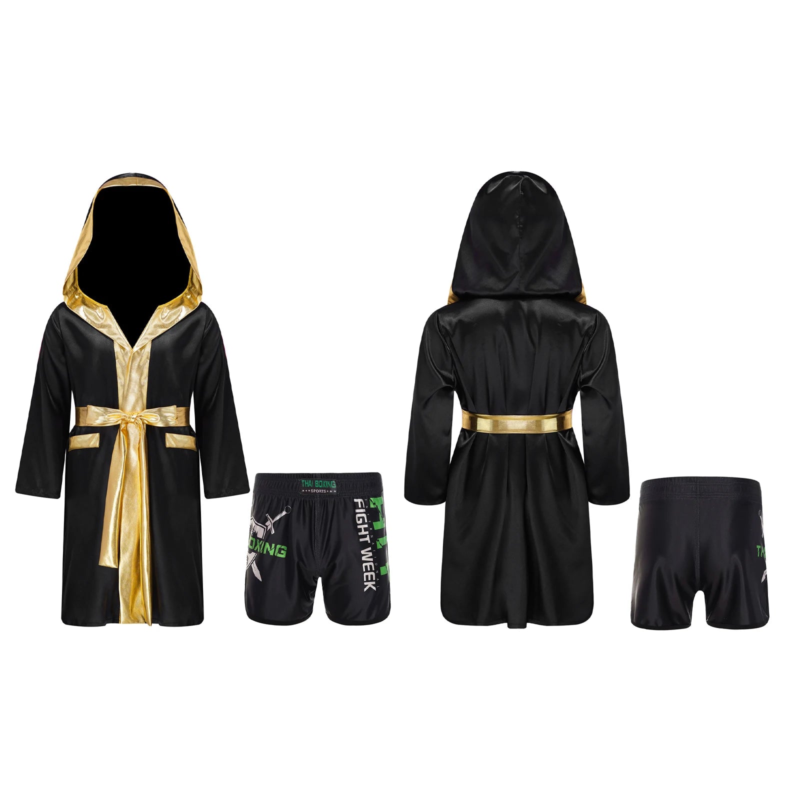 Boys Boxing Robe Outfit Halloween Theme Party Boxer Cosplay Costume Long Sleeve Metallic Satin Hooded Cloak with Belt Shorts