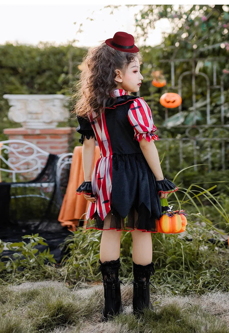 Halloween children's costume; clown costume for girls; party dress for a fun outfit; carnival performance outfit.