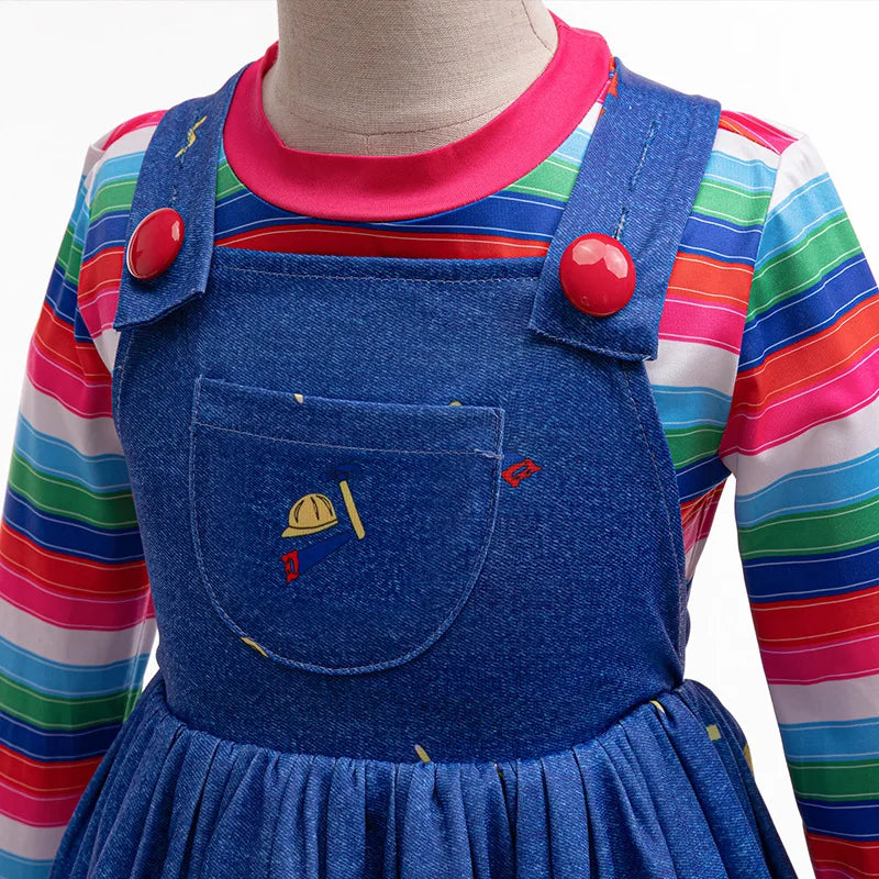 Toddler Girls Halloween Killer Costume 2PCS Blue Denim Dress With Rainbow Striped Shirt Outfit For Kids Horror Party Play Outfit