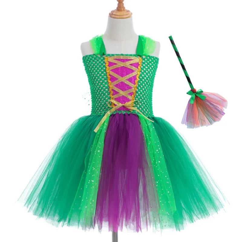 Halloween Children Costume Tulle Dress Girls Cosplay Vestidos Party Evil Queen Mesh Princess Dress Kids Crow Wand
