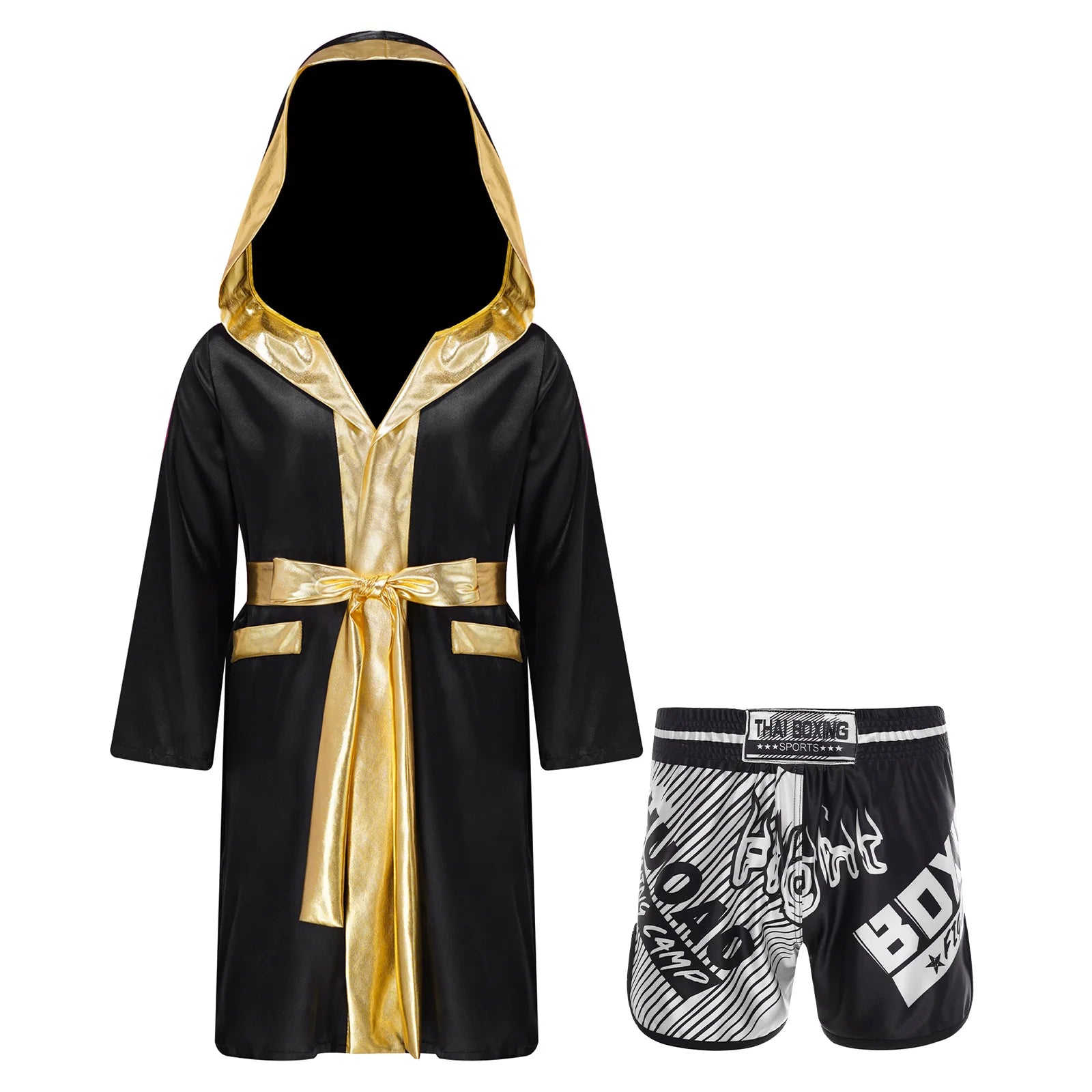 Boys Boxing Robe Outfit Halloween Theme Party Boxer Cosplay Costume Long Sleeve Metallic Satin Hooded Cloak with Belt Shorts