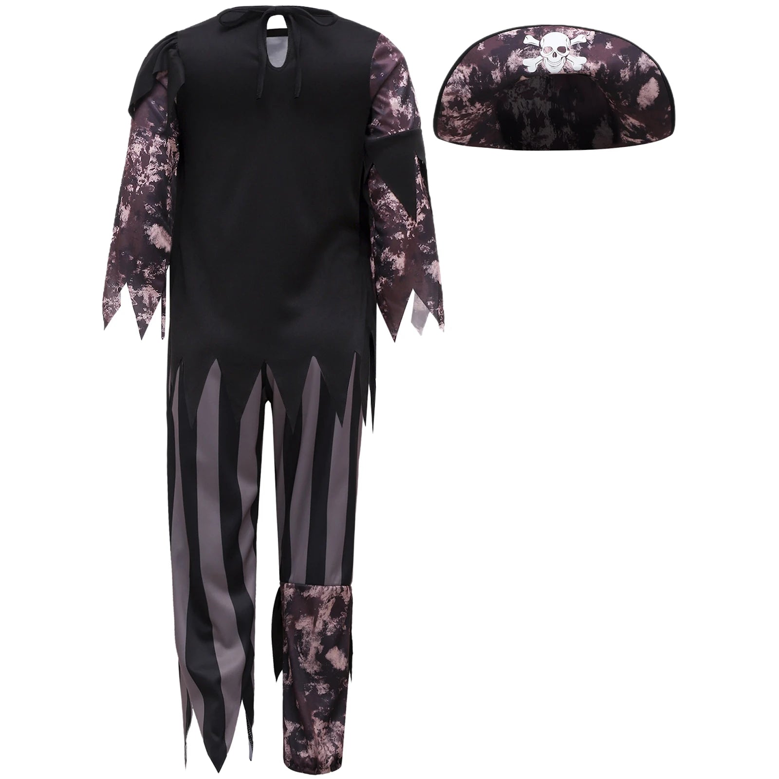 Boys Halloween Medieval Pirate Cosplay Costume Carnival Roleplay Suit Irregular Fringe Long Sleeve Top Striped Pants and Hat Set