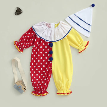 Toddler Baby Clown Halloween Costume Contrast Color Long Sleeve Jumpsuit and Hat 2 Pcs Set