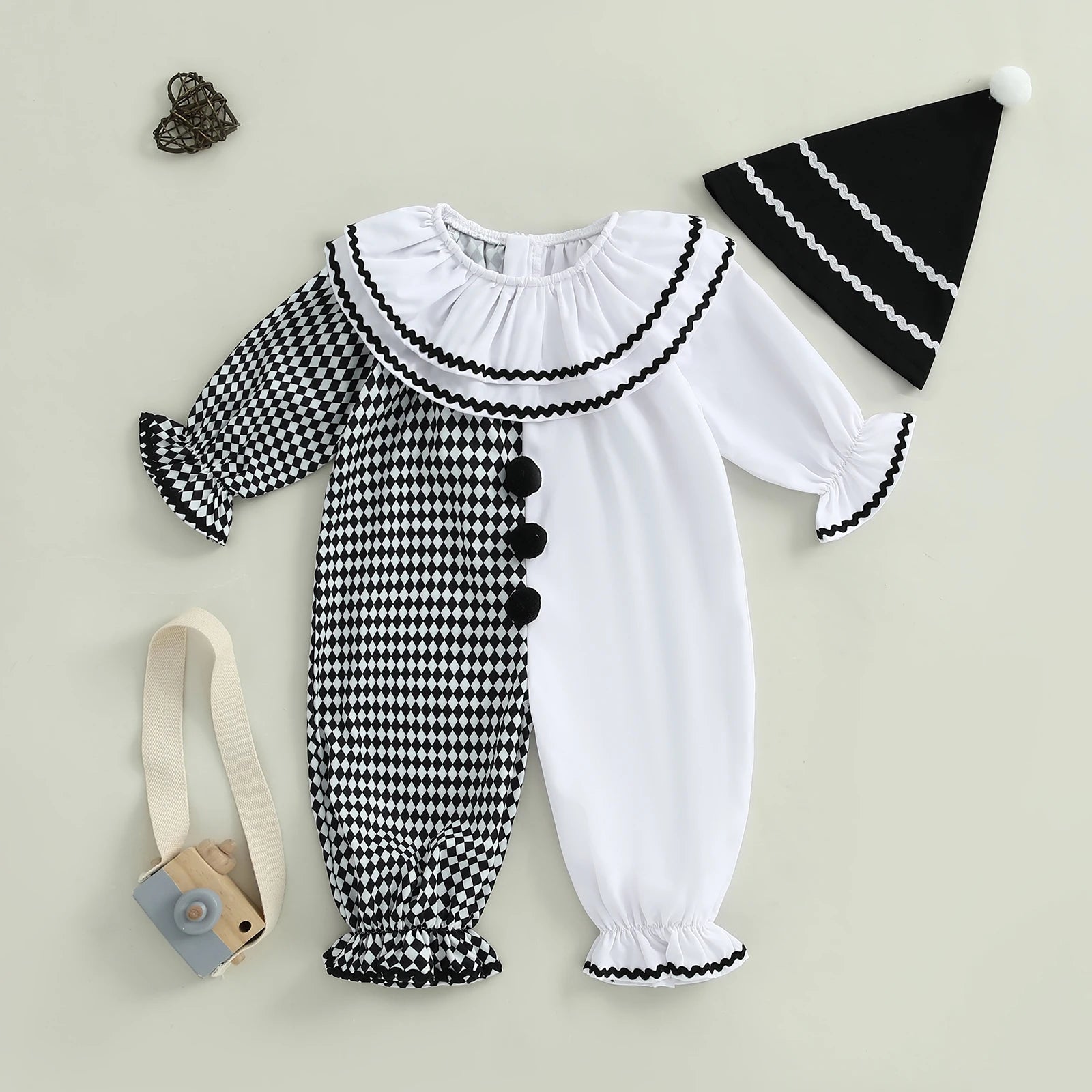 Toddler Baby Clown Halloween Costume Contrast Color Long Sleeve Jumpsuit and Hat 2 Pcs Set