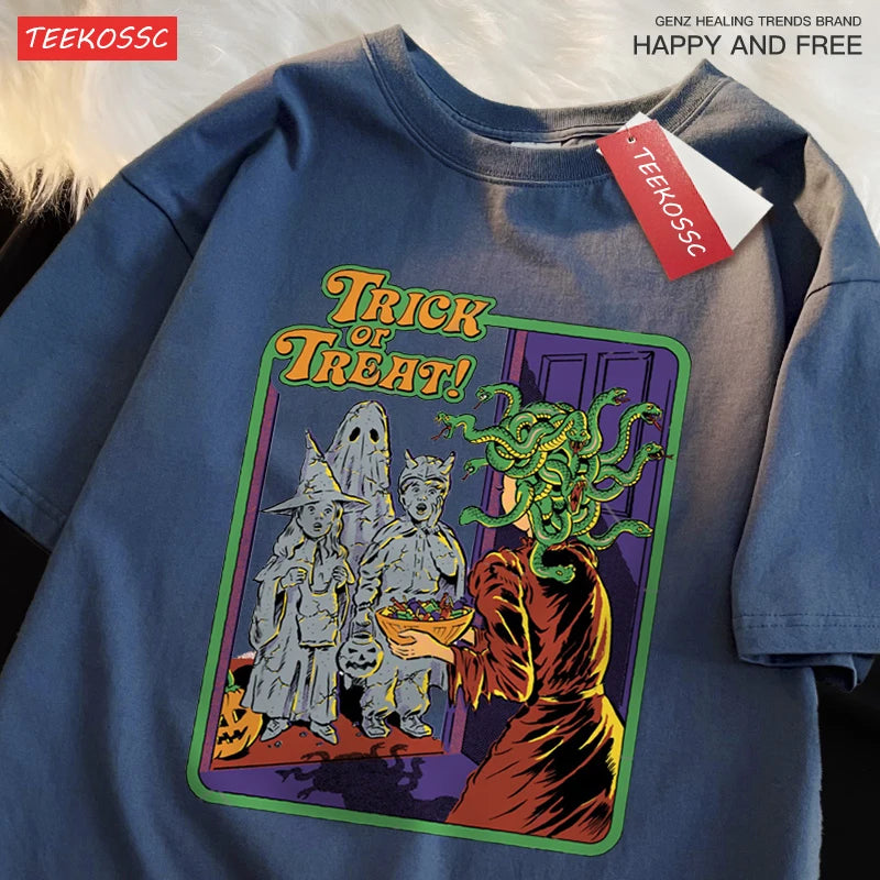 Trick Or Treat Scary Halloween T-Shirts Men Women Fashion Cotton Short Sleeve Summer Oversize T-Shirt Casual Street Streetwear