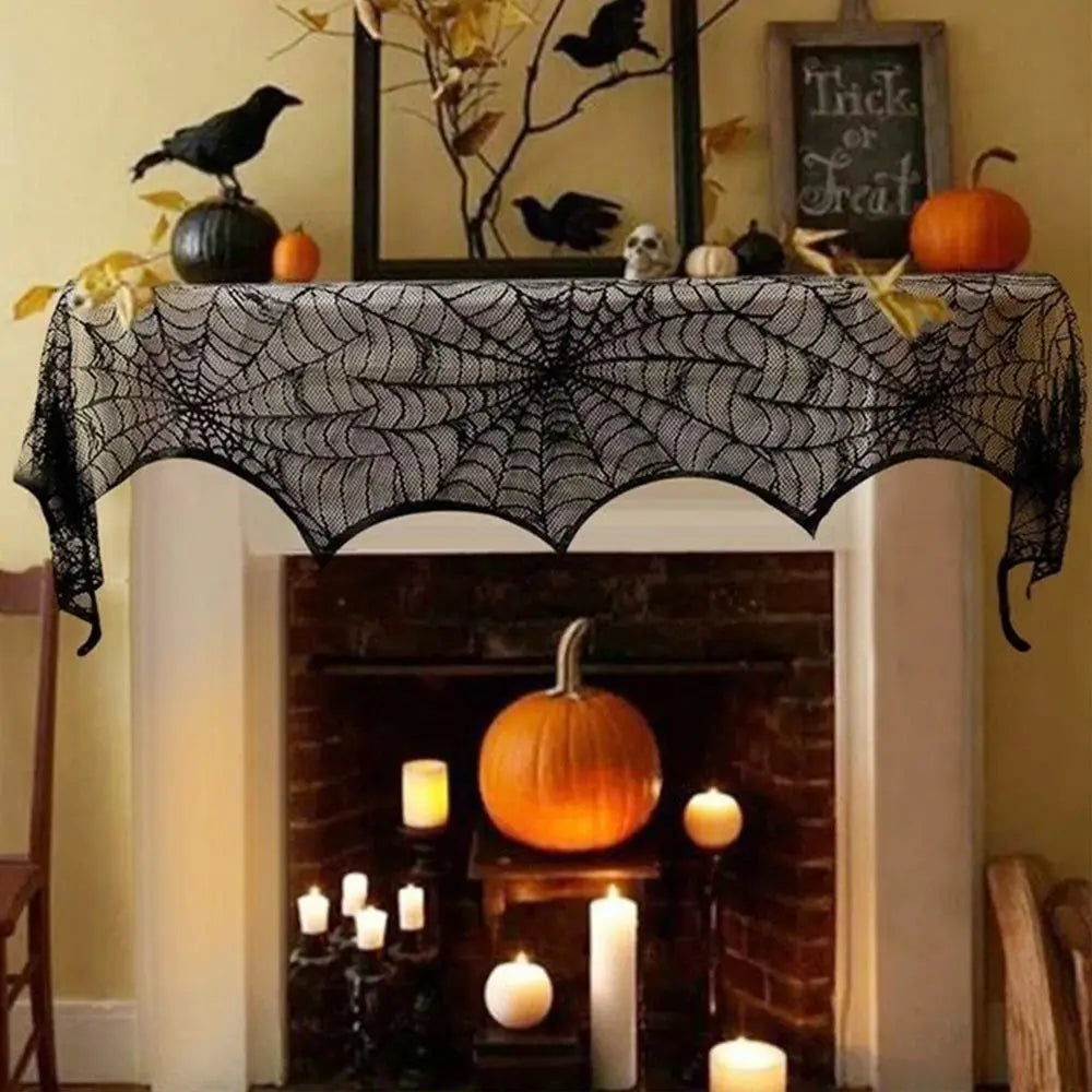 New Halloween Bat Table Runner Lace Web Skeleton Skull Tablecloth Black Fireplace Mantel Scarf Event Party Decoration Supplies