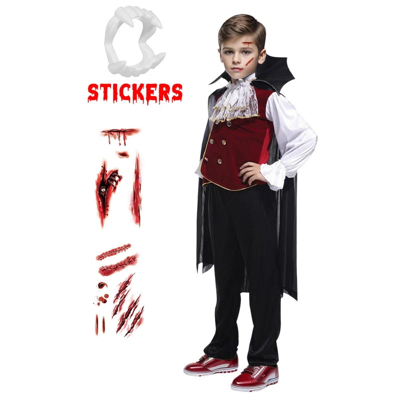 Boys Halloween Vampire Cosplay Costume Kids Carnival Party Dress up Outfit Role Play Costumes with False Teeth Walking Cane