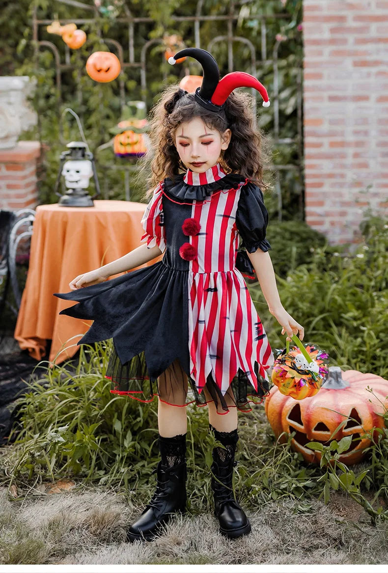 Halloween children's costume; clown costume for girls; party dress for a fun outfit; carnival performance outfit.
