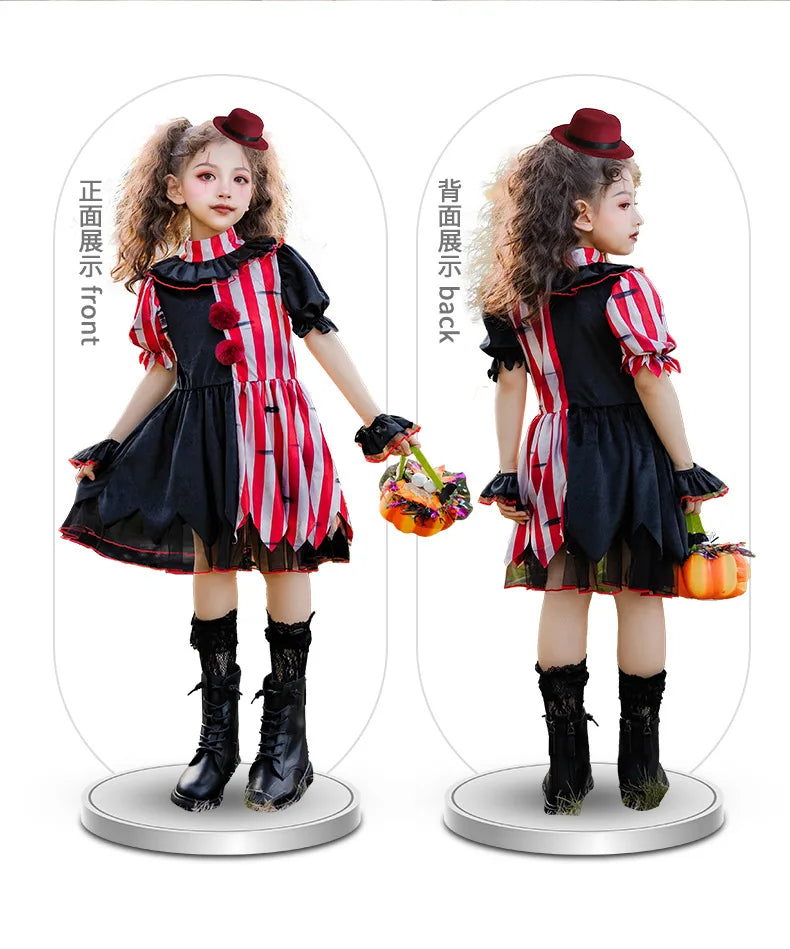 Halloween children's costume; clown costume for girls; party dress for a fun outfit; carnival performance outfit.