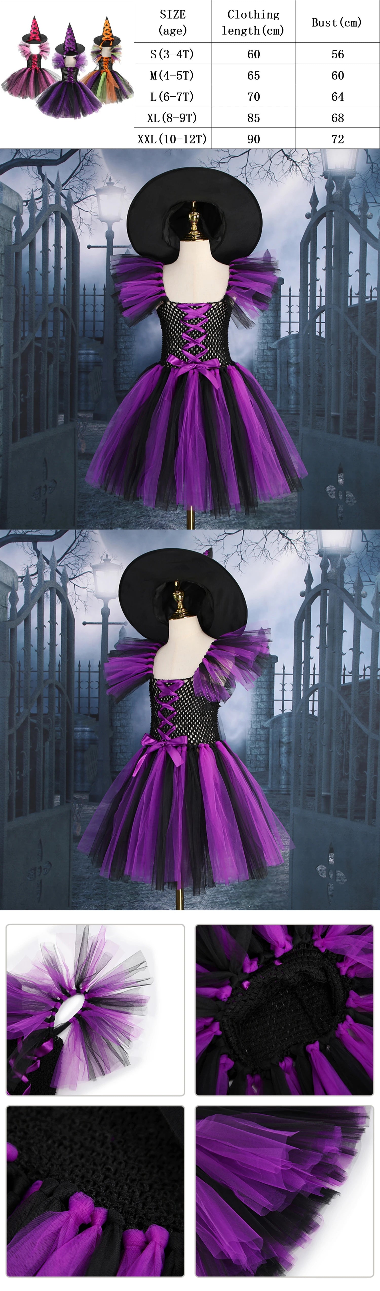 Halloween Costume For Kids Girls Witch Cosplay Tutu Knee LED Dress With Hat Broom Children Carnival Vestidos Fancy Clothes New