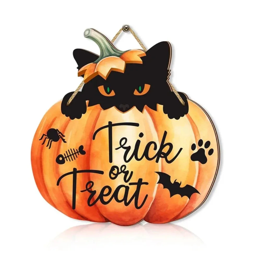 Halloween "trick or Treat" Sign, Pumpkin Black Cat Wooden Hanging Sign, Home, School, Party, Haunted House, Porch Decoration