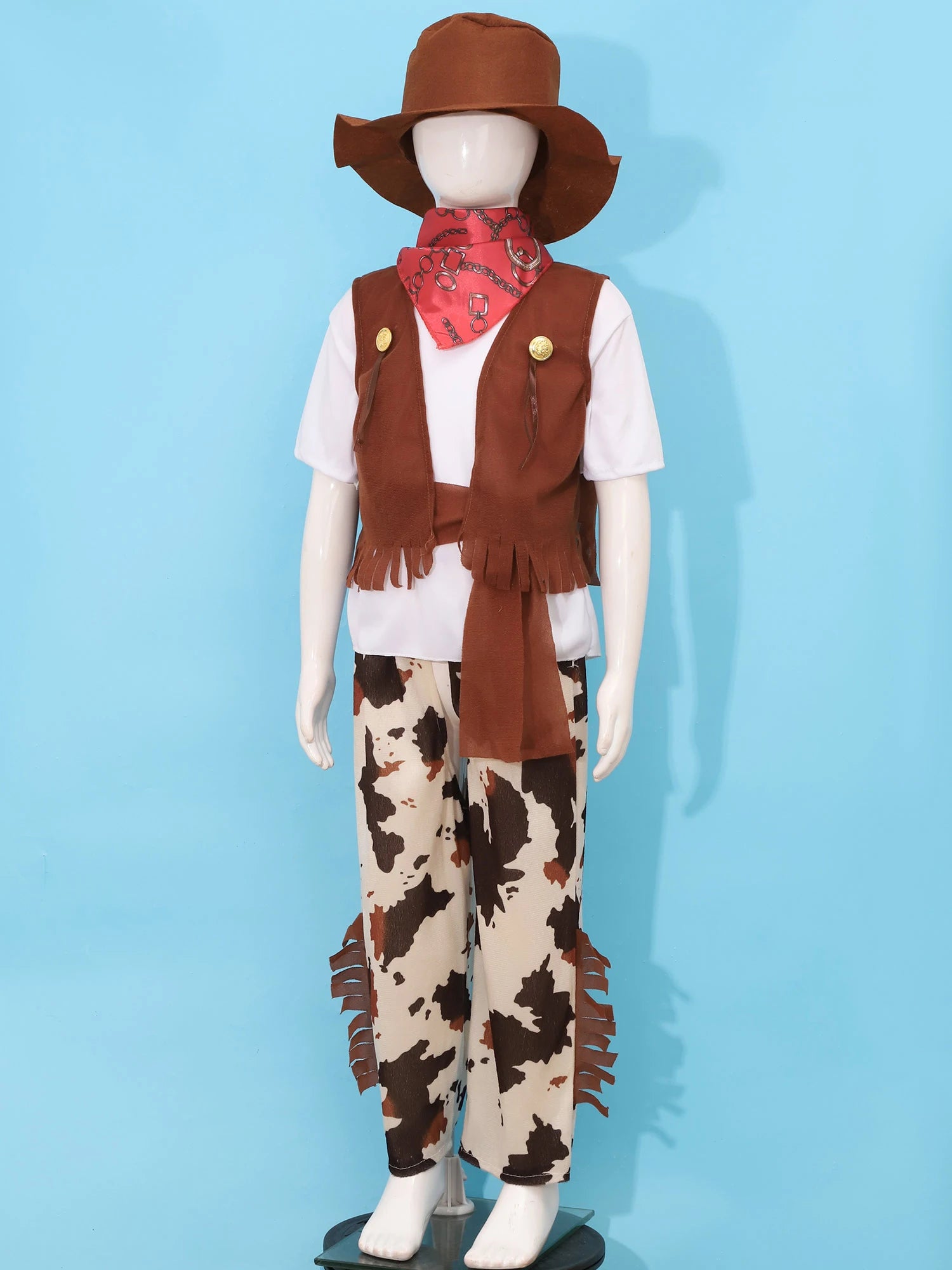 Boys Halloween Carnival Western Cowboy Cosplay Performance Costume Short Sleeve T-shirt with Pants Vest Hat Bandana Belt Set