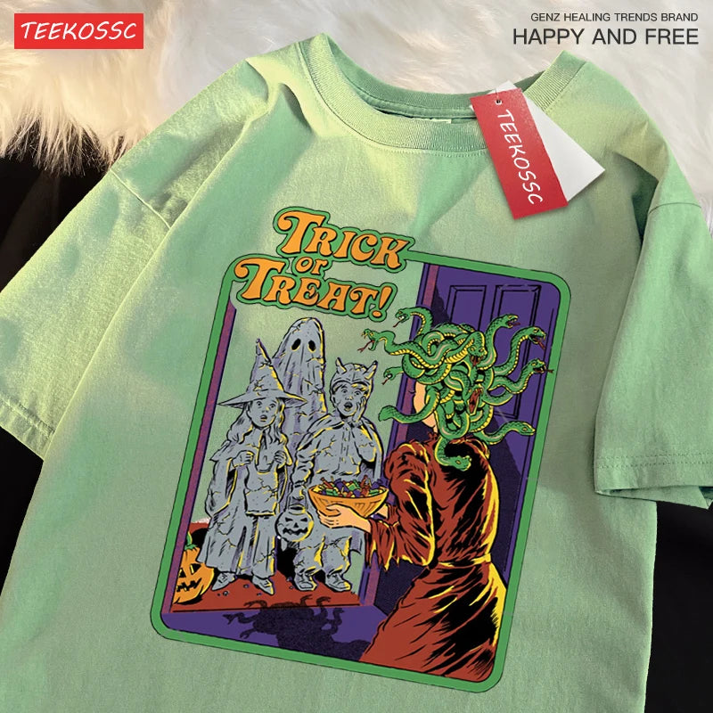 Trick Or Treat Scary Halloween T-Shirts Men Women Fashion Cotton Short Sleeve Summer Oversize T-Shirt Casual Street Streetwear