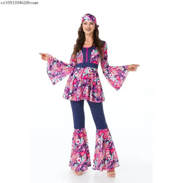 Halloween Costume 70s 80s Retro Hippie Go Go Girl Disco Women Men Couple Purple Fancy Dress Party Peace Lover Hippie Performance