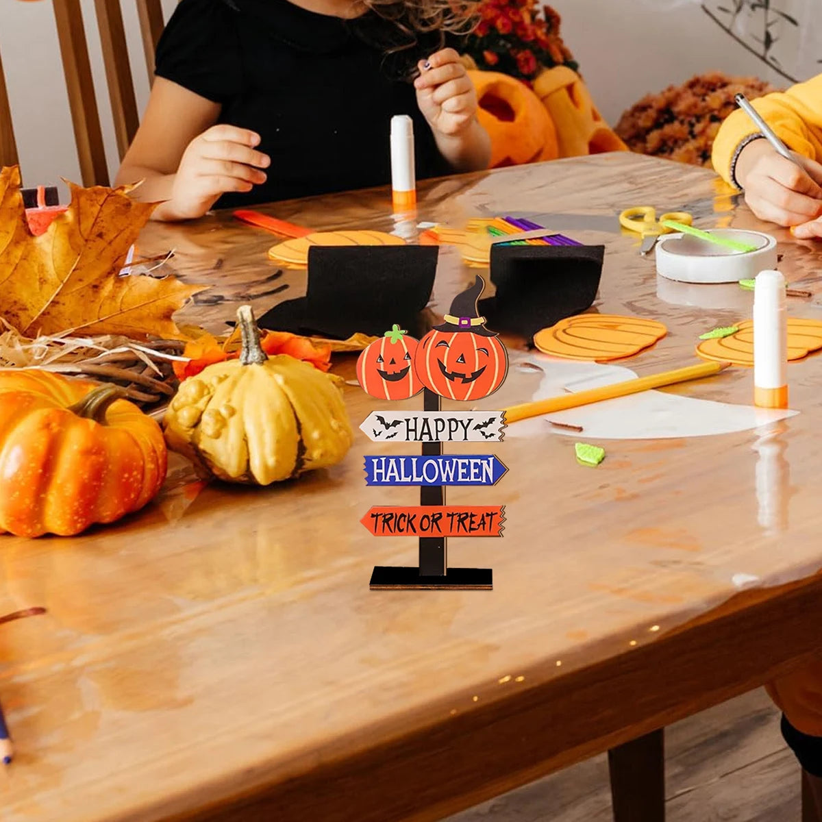 Halloween Wooden Sign Decor with Pumpkins - "Happy Halloween" & "Trick or Treat"