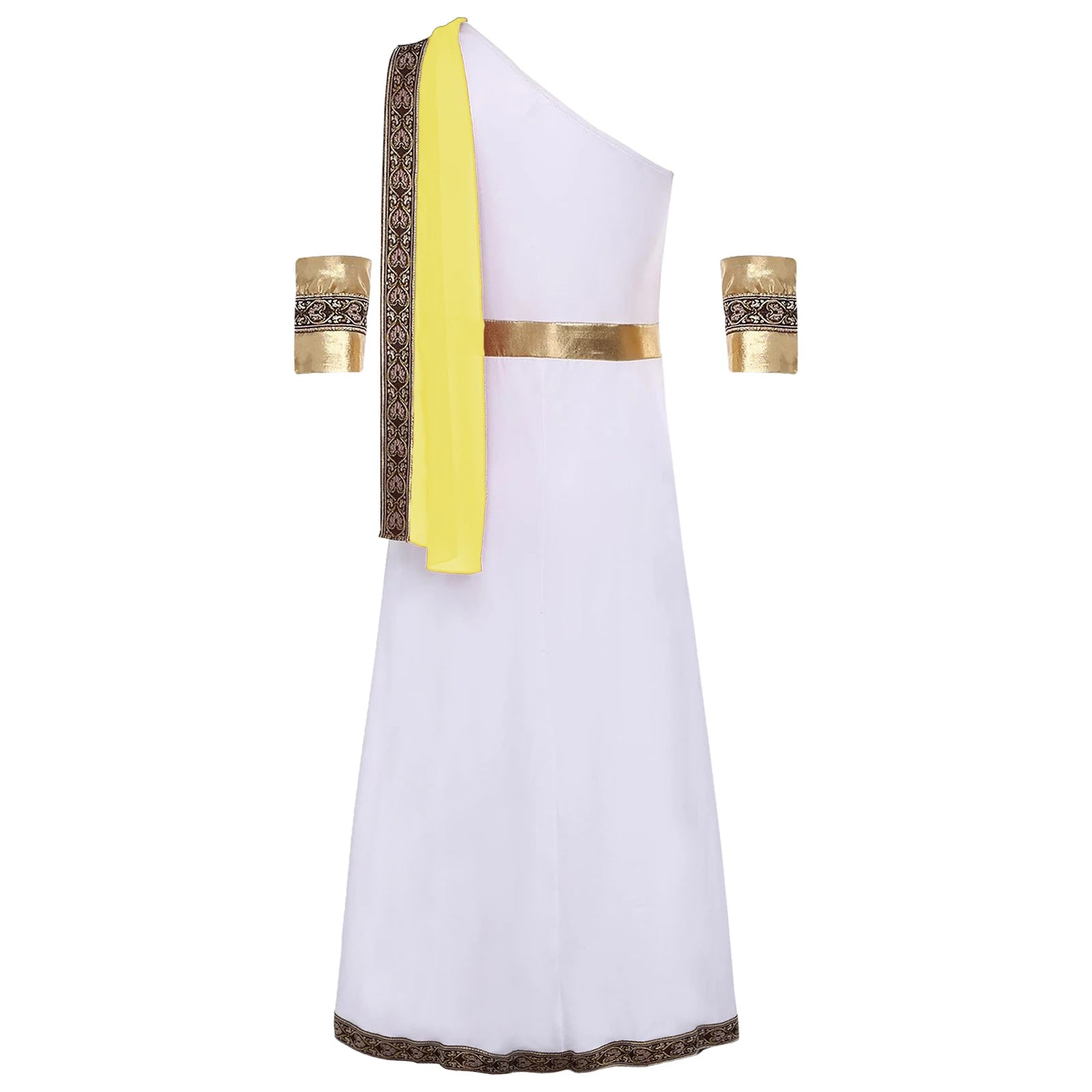 Kids Girls Halloween Ancient Greek Toga Classic Roman Carnival Cosplay Costume One Shoulder Embroider Robe with Removable Cuffs