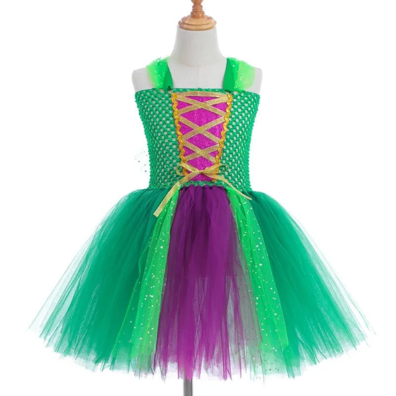 Halloween Children Costume Tulle Dress Girls Cosplay Vestidos Party Evil Queen Mesh Princess Dress Kids Crow Wand