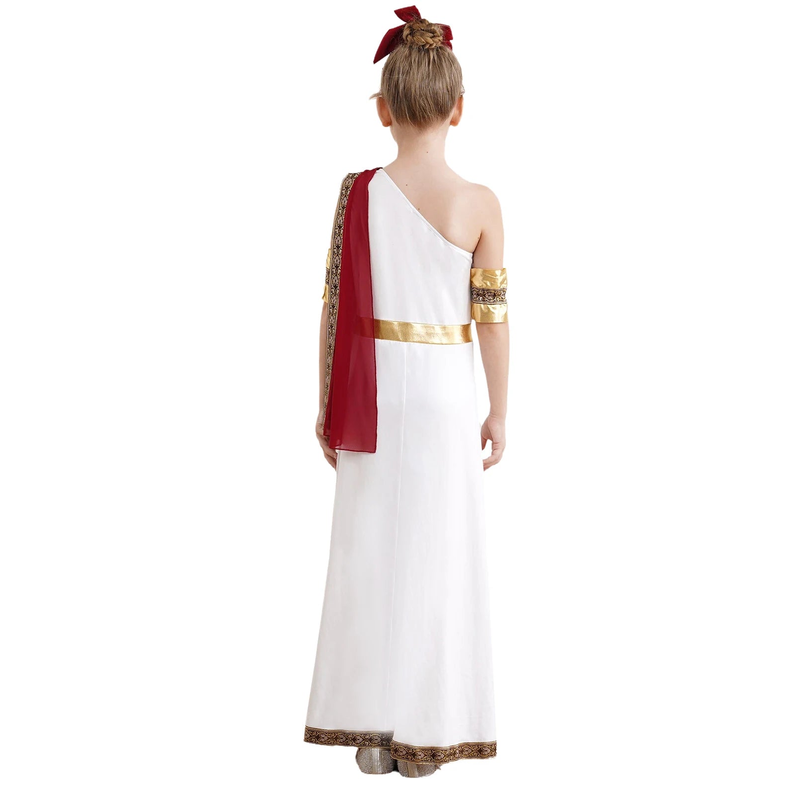 Kids Girls Halloween Ancient Greek Toga Classic Roman Carnival Cosplay Costume One Shoulder Embroider Robe with Removable Cuffs