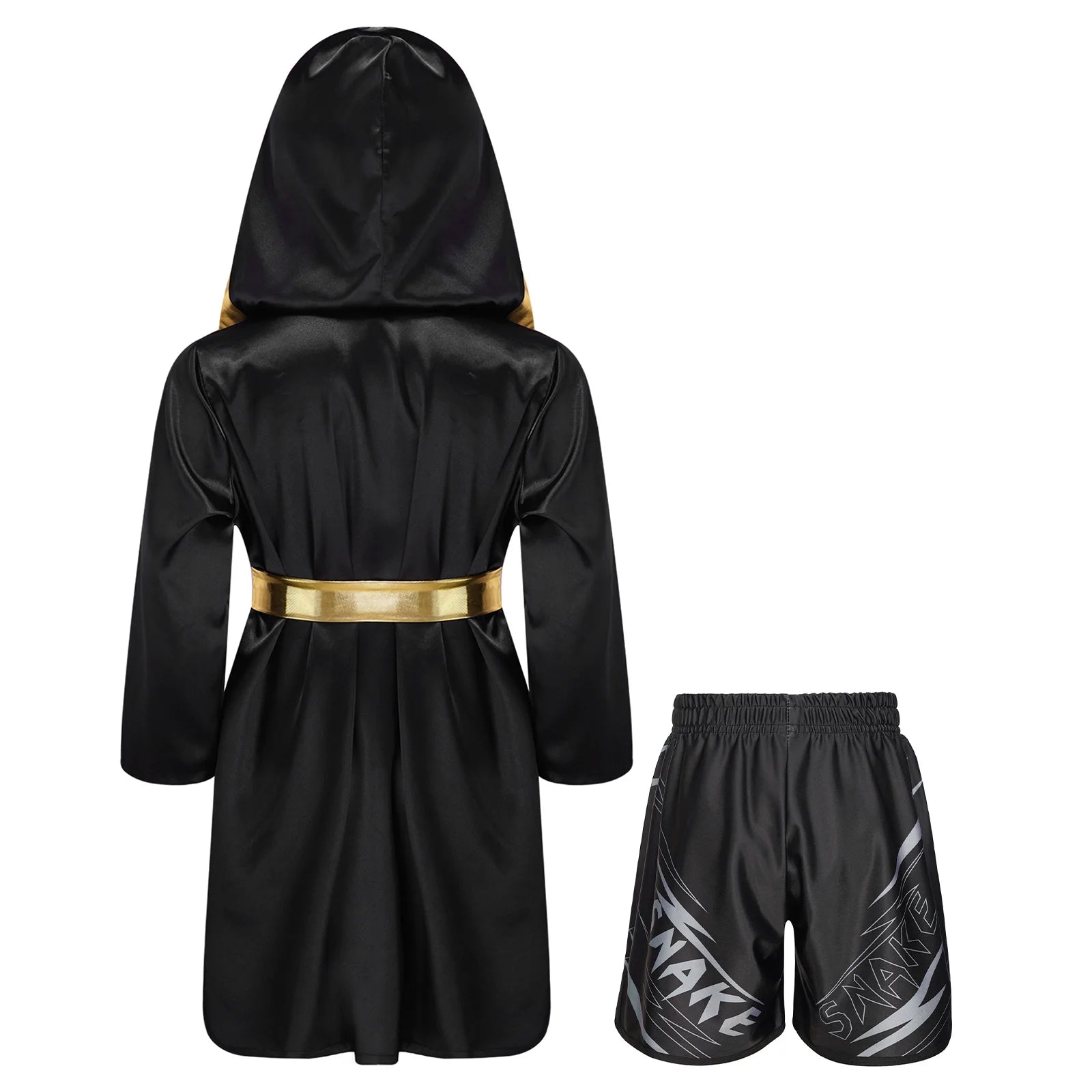 Boys Boxing Robe Outfit Halloween Theme Party Boxer Cosplay Costume Long Sleeve Metallic Satin Hooded Cloak with Belt Shorts