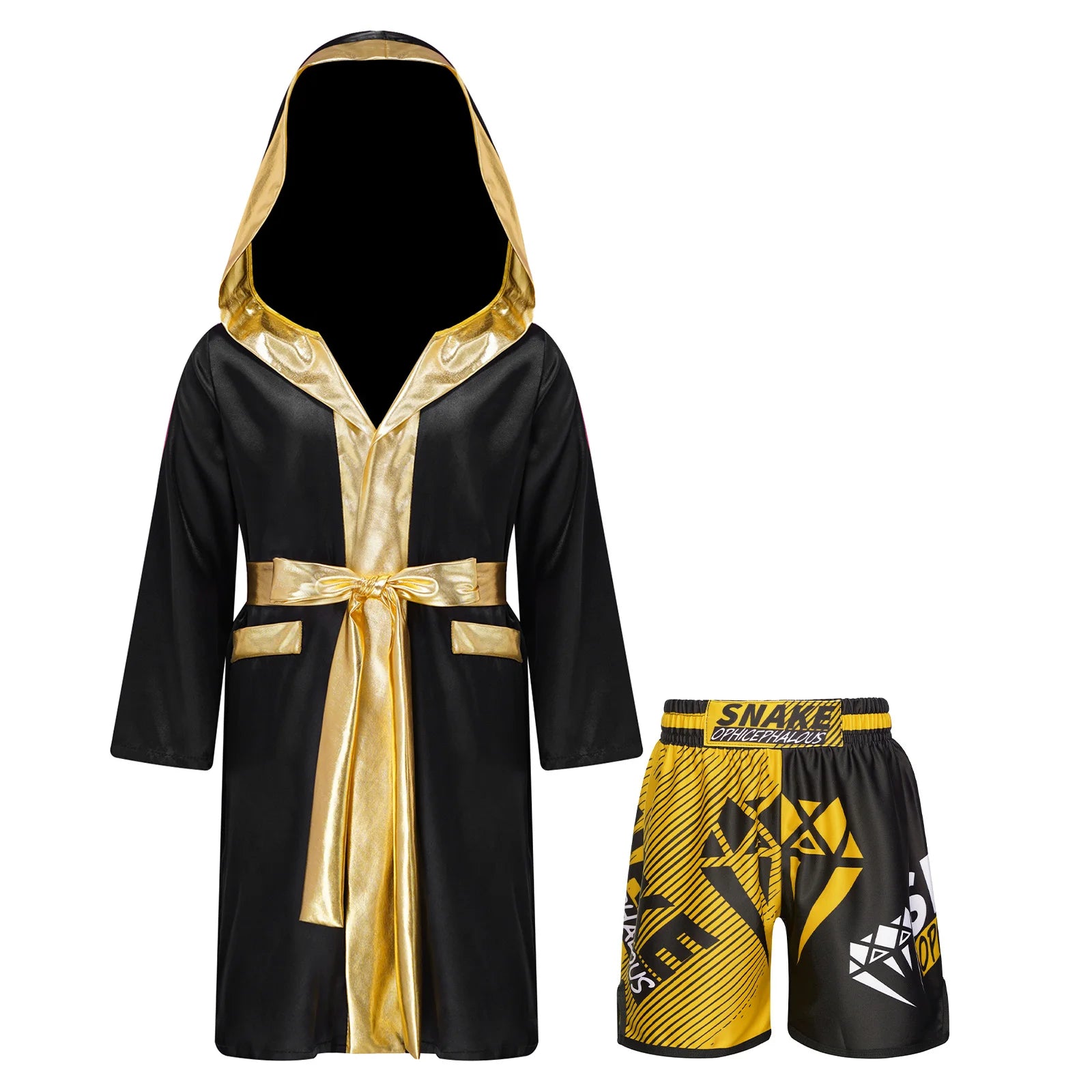 Boys Boxing Robe Outfit Halloween Theme Party Boxer Cosplay Costume Long Sleeve Metallic Satin Hooded Cloak with Belt Shorts