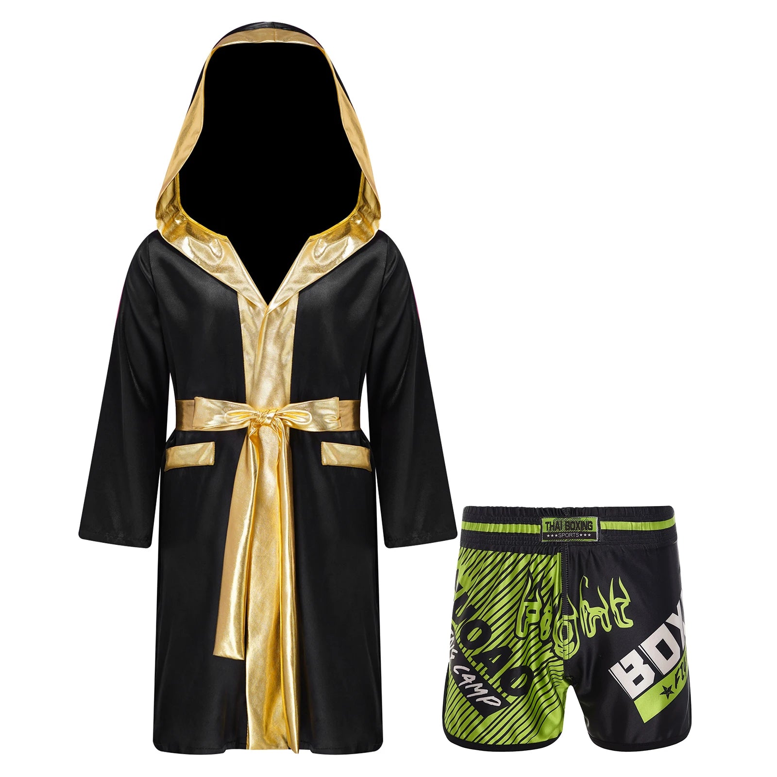 Boys Boxing Robe Outfit Halloween Theme Party Boxer Cosplay Costume Long Sleeve Metallic Satin Hooded Cloak with Belt Shorts