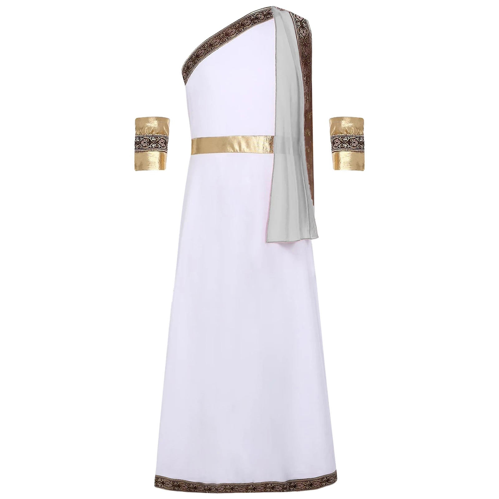 Kids Girls Halloween Ancient Greek Toga Classic Roman Carnival Cosplay Costume One Shoulder Embroider Robe with Removable Cuffs