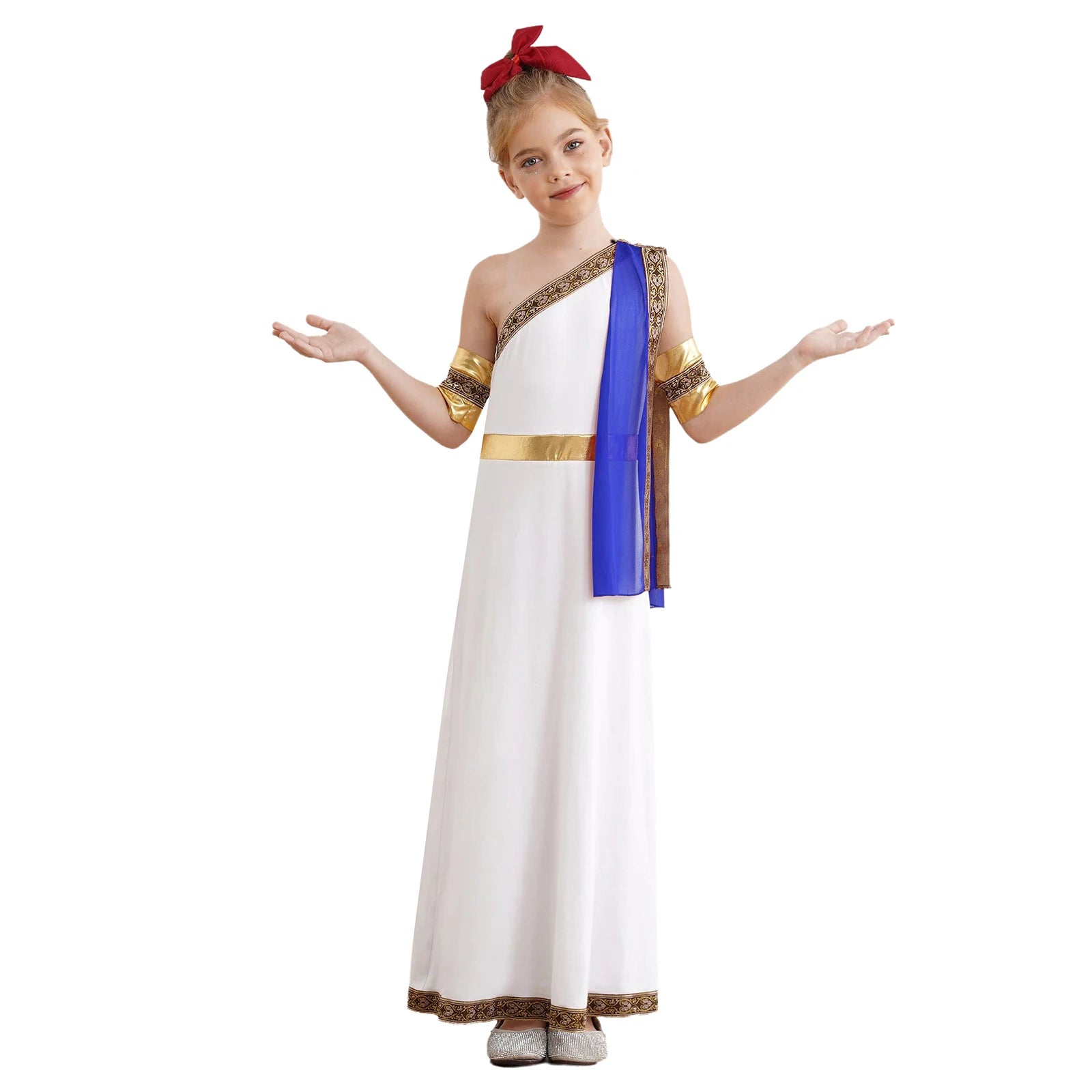 Kids Girls Halloween Ancient Greek Toga Classic Roman Carnival Cosplay Costume One Shoulder Embroider Robe with Removable Cuffs