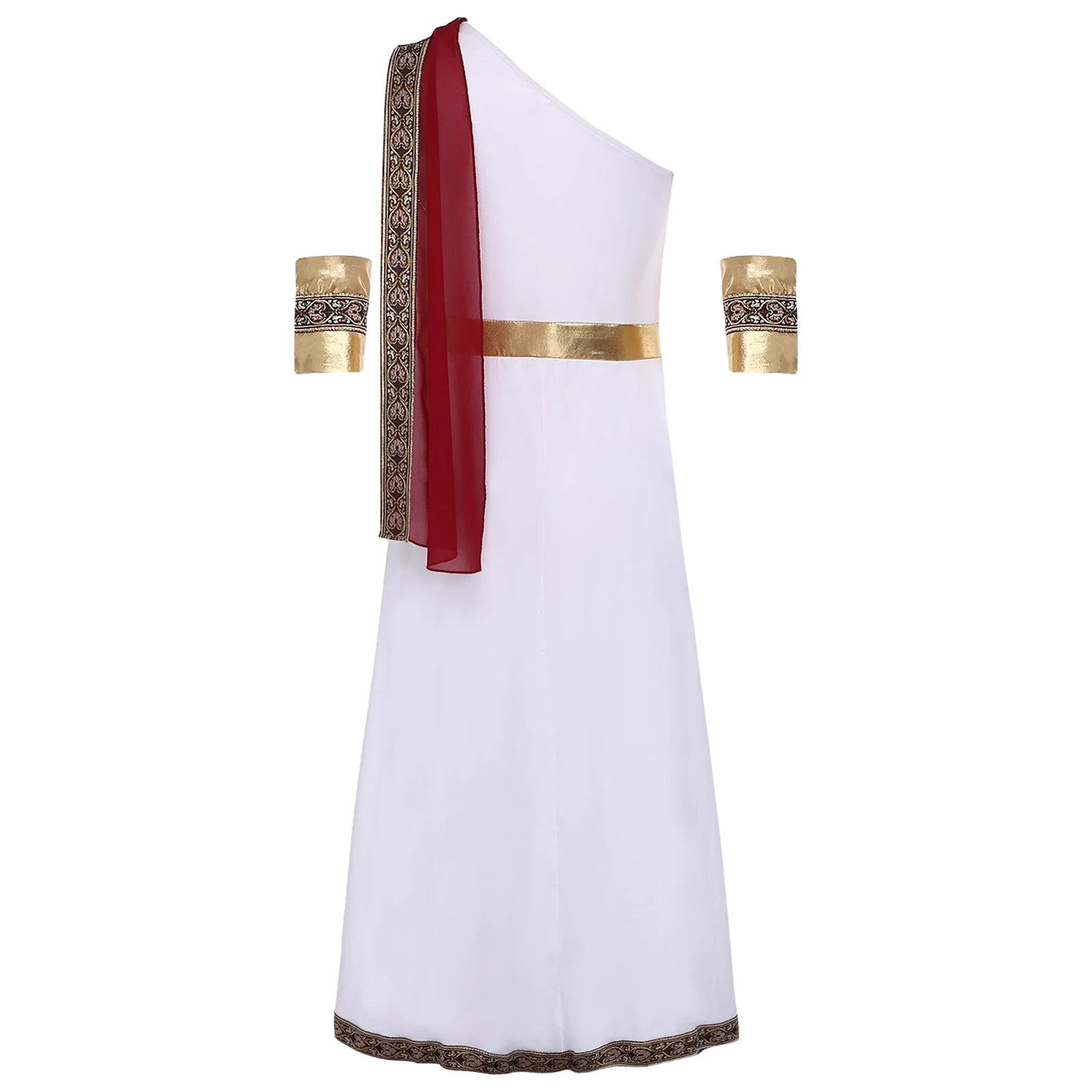 Kids Girls Halloween Ancient Greek Toga Classic Roman Carnival Cosplay Costume One Shoulder Embroider Robe with Removable Cuffs