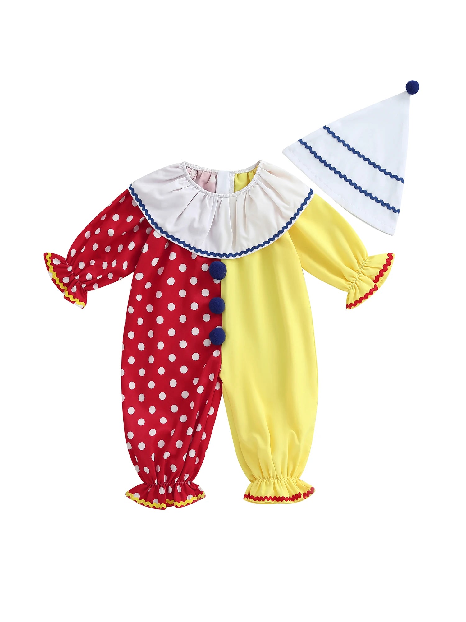Toddler Baby Clown Halloween Costume Contrast Color Long Sleeve Jumpsuit and Hat 2 Pcs Set