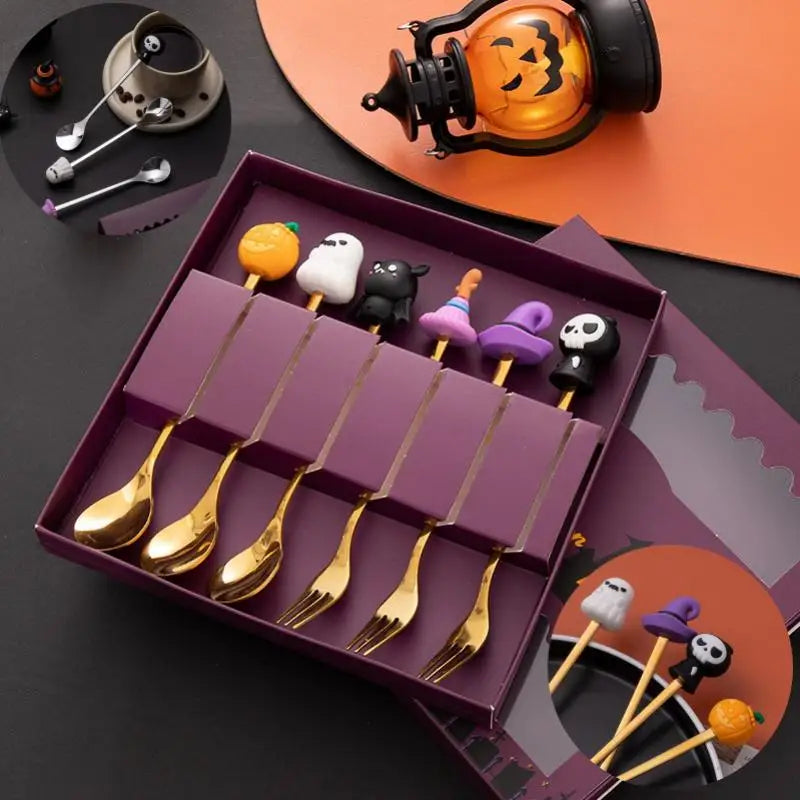 Halloween Tableware Stainless Steel Coffee Spoon Halloween Dessert Spoon Fruit Fork Theme Party Tableware Set