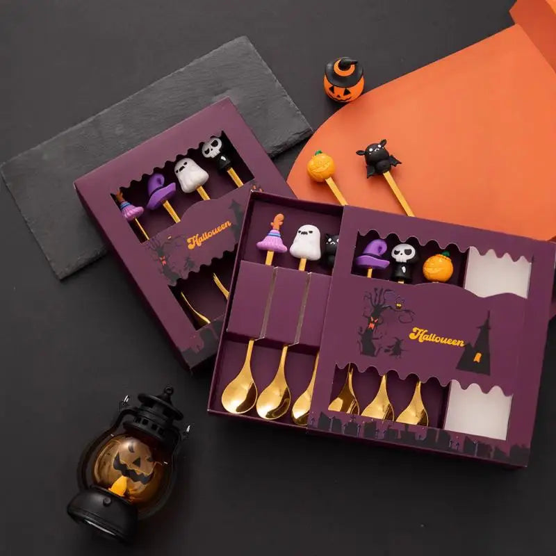 Halloween Tableware Stainless Steel Coffee Spoon Halloween Dessert Spoon Fruit Fork Theme Party Tableware Set