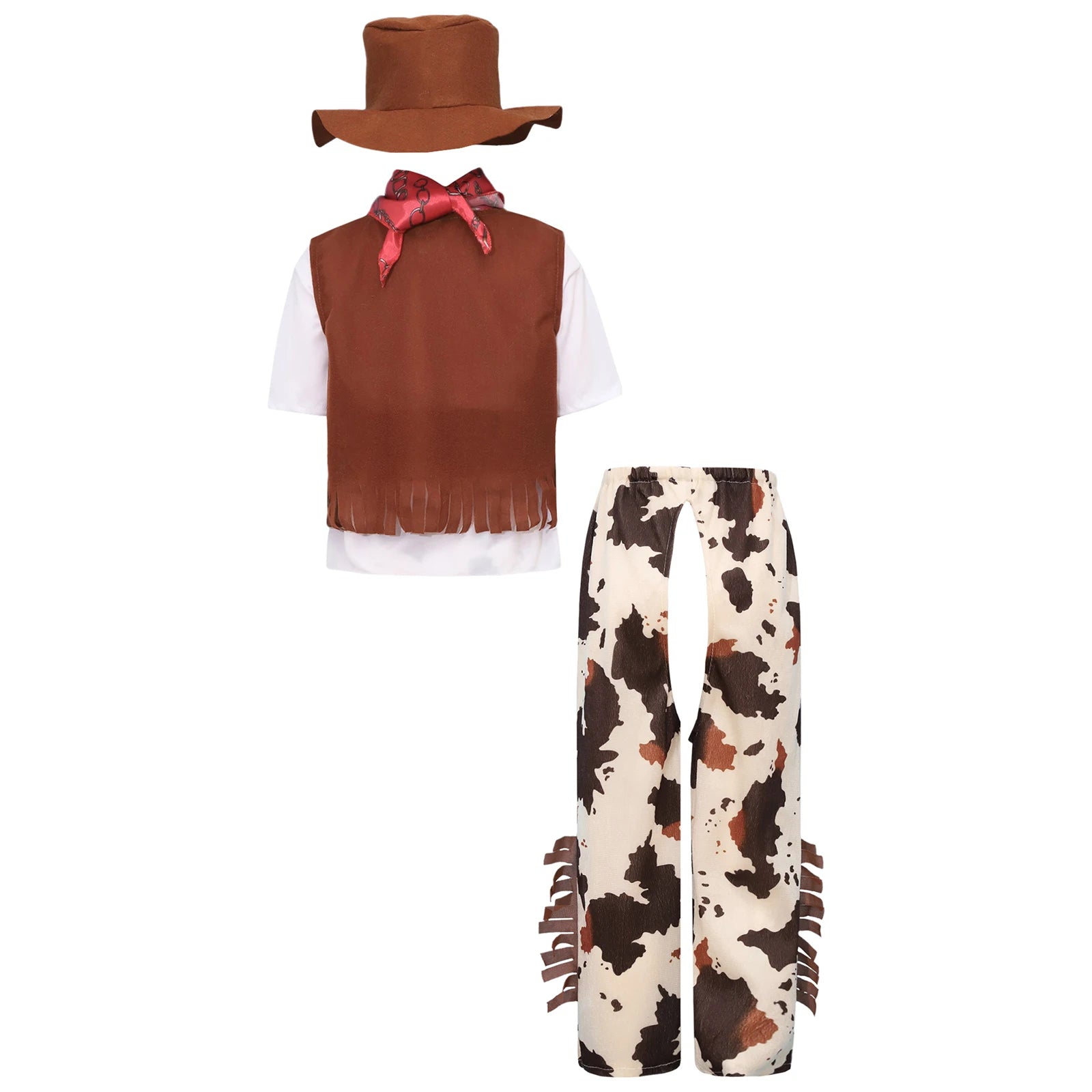 Boys Halloween Carnival Western Cowboy Cosplay Performance Costume Short Sleeve T-shirt with Pants Vest Hat Bandana Belt Set