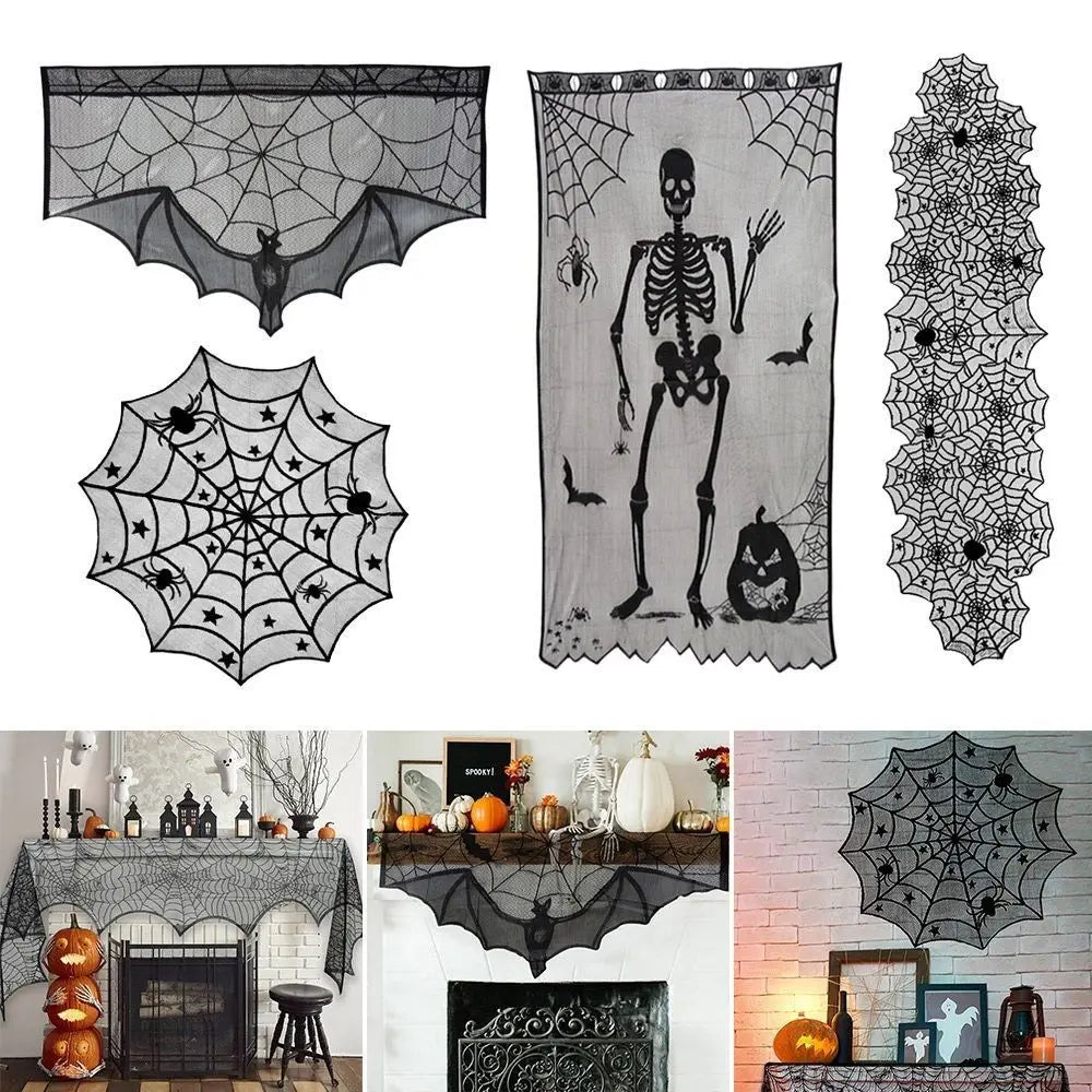 New Halloween Bat Table Runner Lace Web Skeleton Skull Tablecloth Black Fireplace Mantel Scarf Event Party Decoration Supplies
